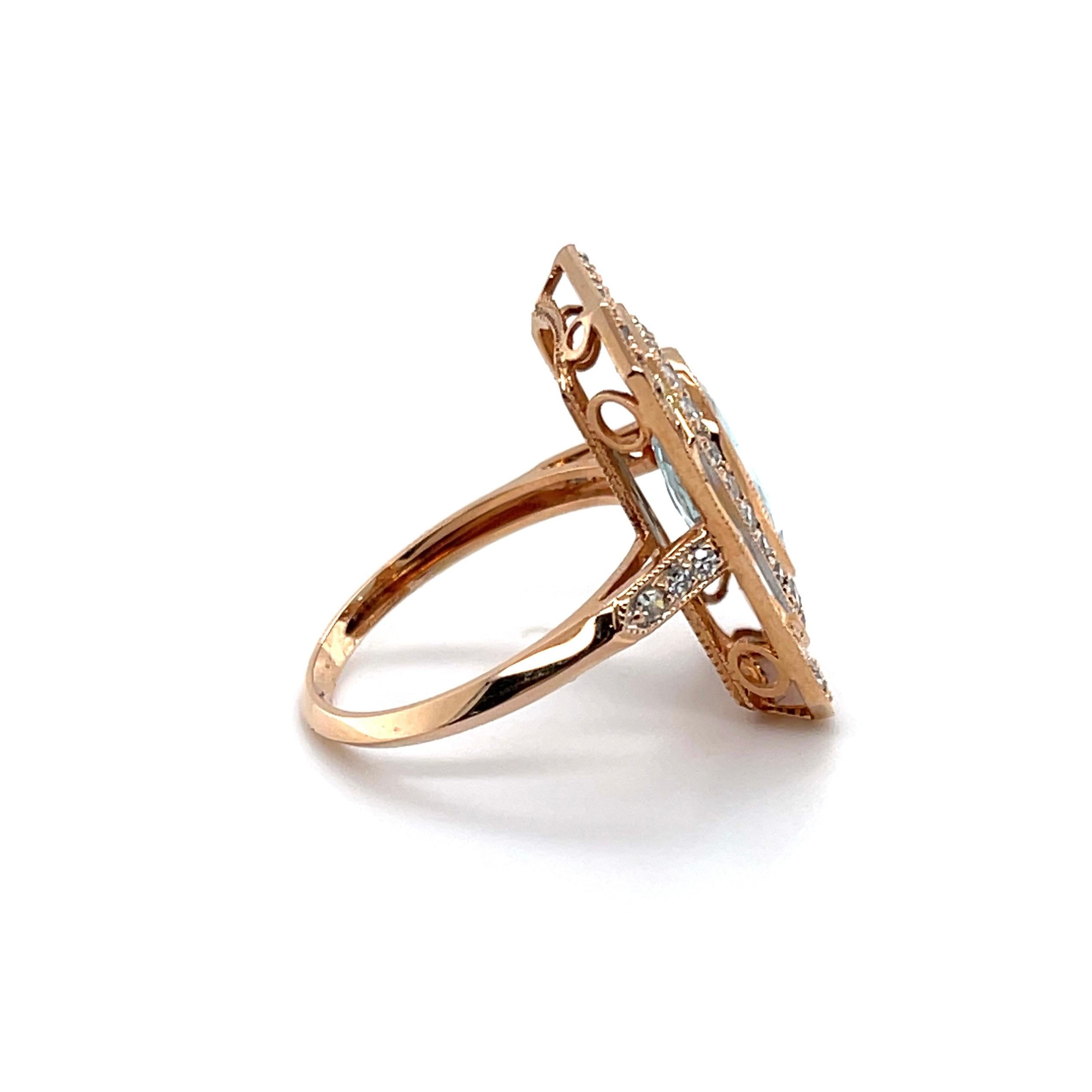 Oval Cut 18CT Rose Gold Aquamarine and Diamond Ring For Sale