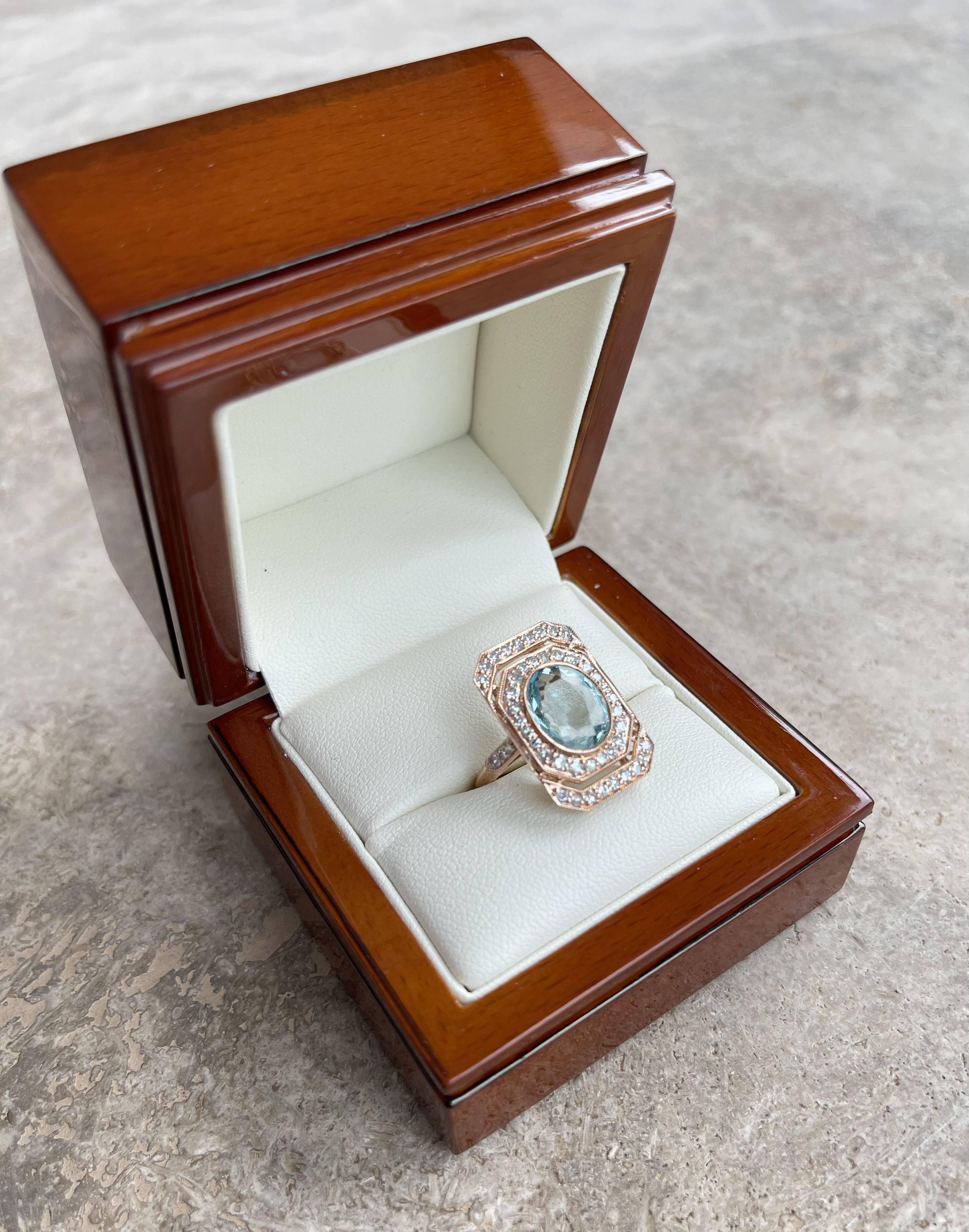 18CT Rose Gold Aquamarine and Diamond Ring For Sale 1