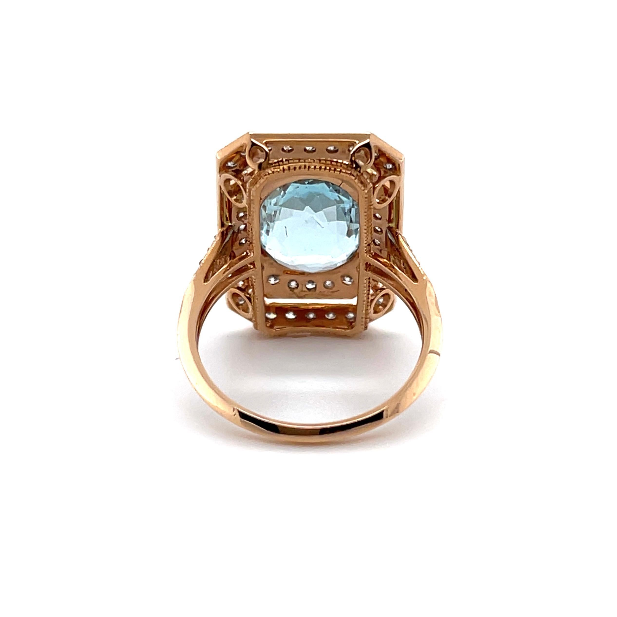 18CT Rose Gold Aquamarine and Diamond Ring In New Condition For Sale In Sydney, NSW