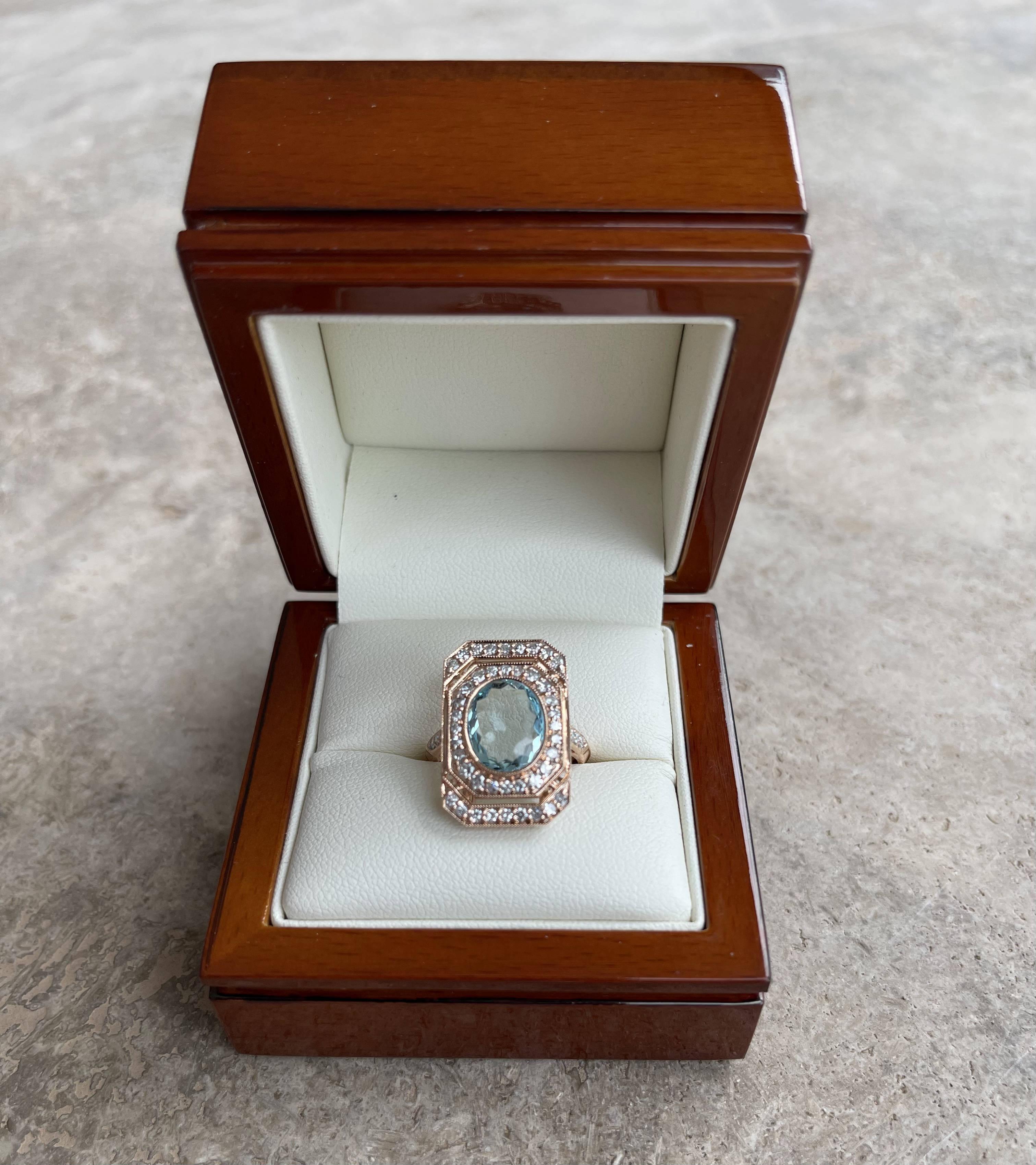 18CT Rose Gold Aquamarine and Diamond Ring For Sale 2