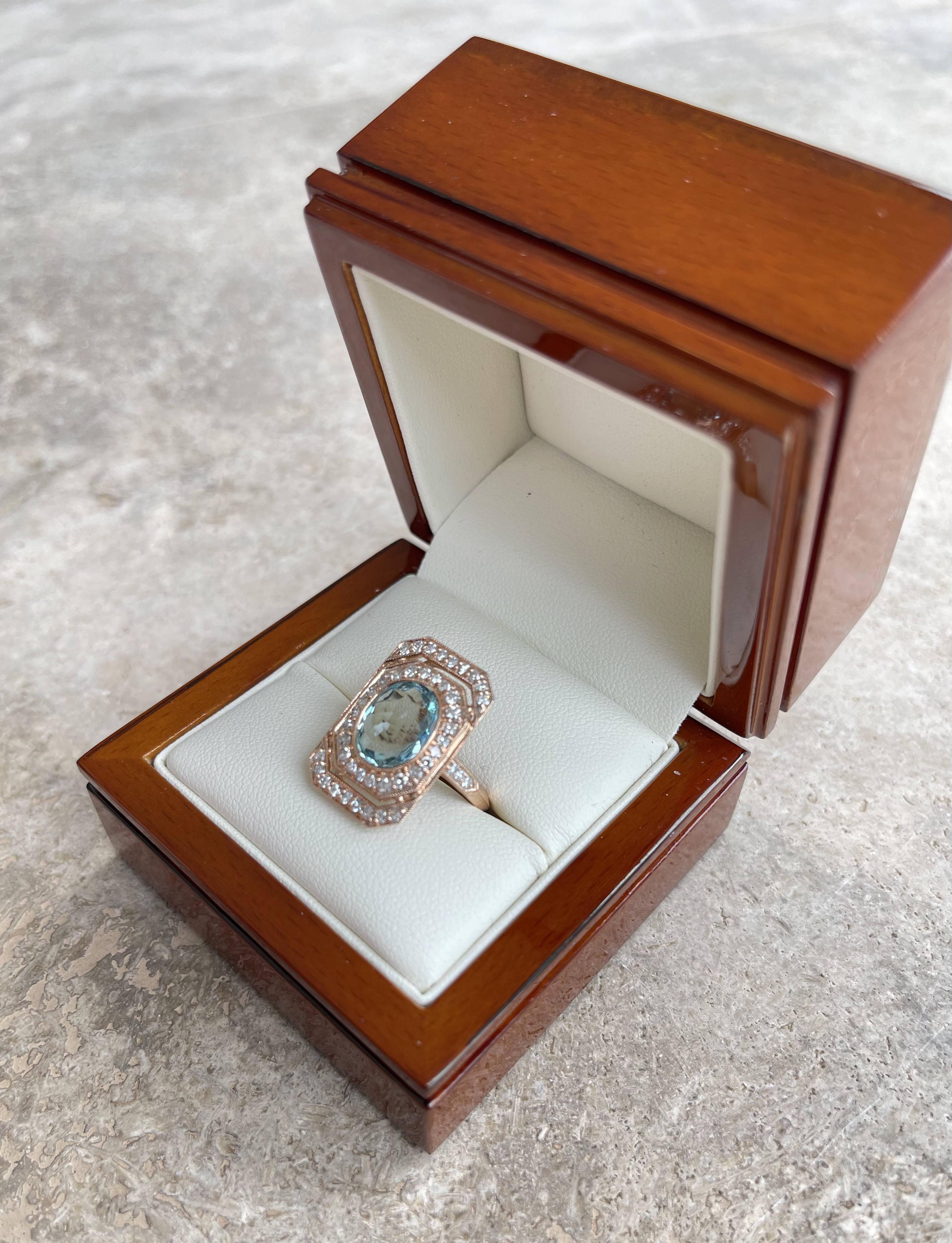 18CT Rose Gold Aquamarine and Diamond Ring For Sale 3