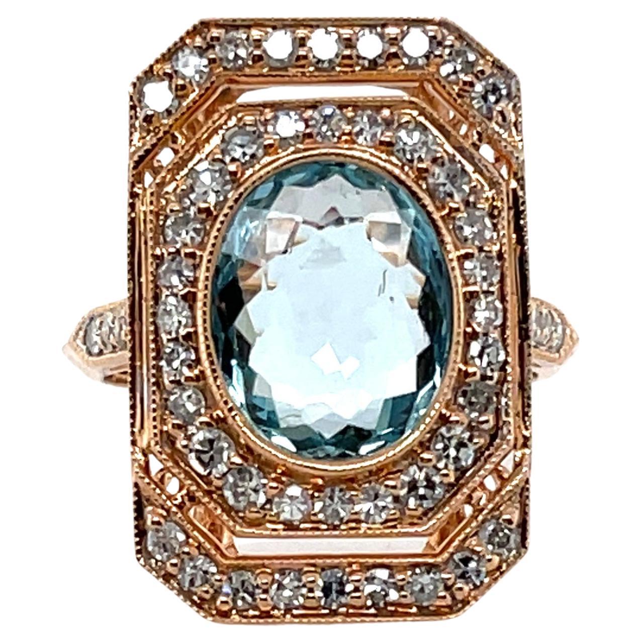 18CT Rose Gold Aquamarine and Diamond Ring For Sale
