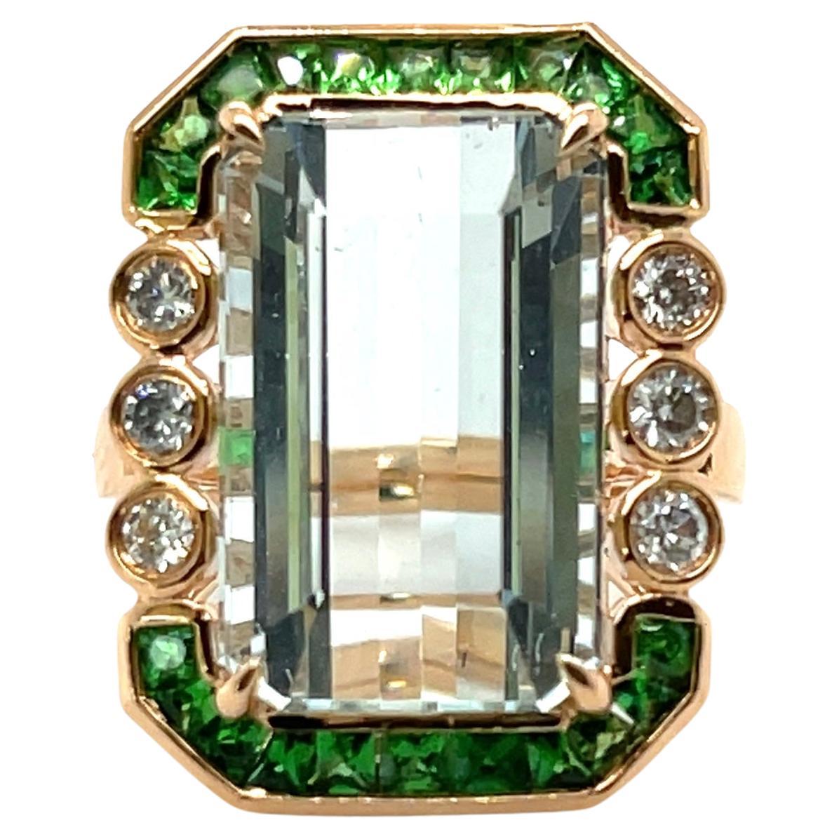 18ct Rose Gold Aquamarine, Tsavorite Garnet and Diamond Ring For Sale