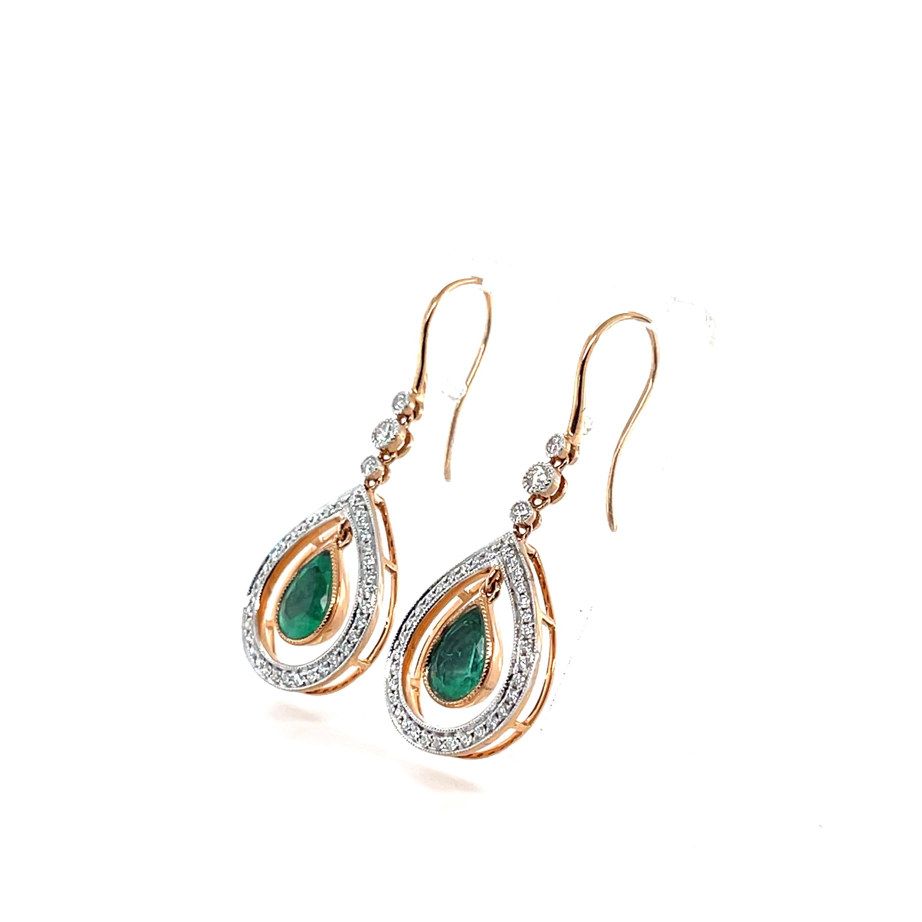 Contemporary 18ct Rose Gold Colombian Emerald and Diamond Earrings For Sale