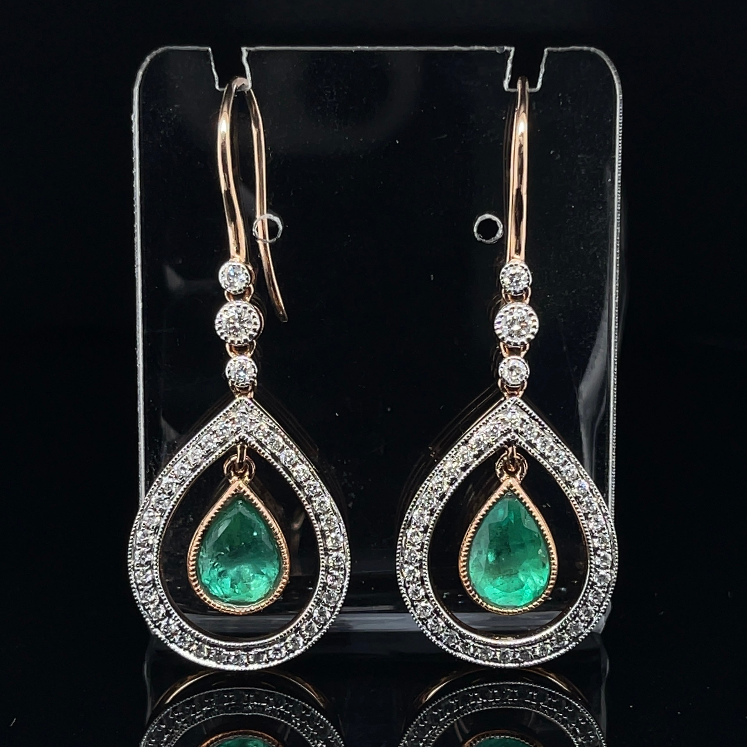Pear Cut 18ct Rose Gold Colombian Emerald and Diamond Earrings For Sale
