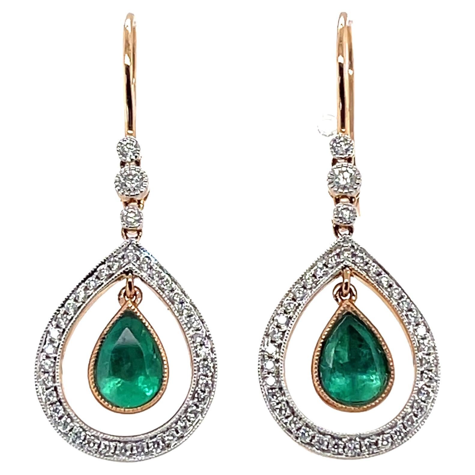 18ct Rose Gold Colombian Emerald and Diamond Earrings For Sale