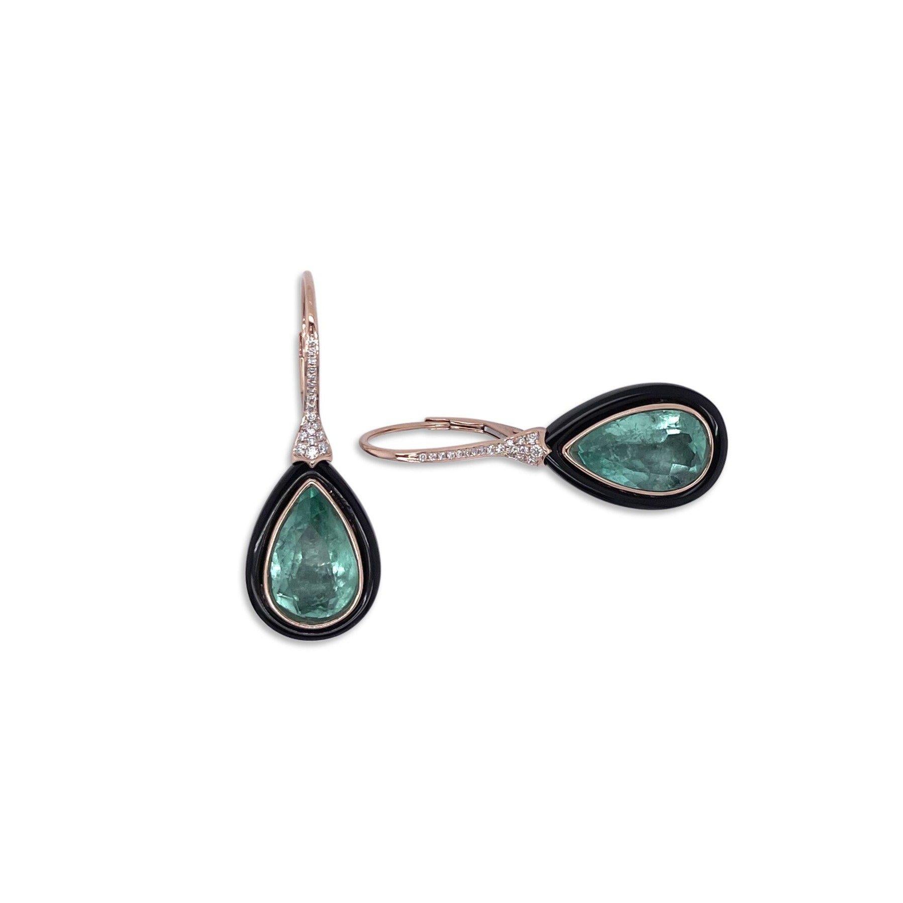 Women's or Men's 18CT Rose Gold Emerald, Onyx and Diamond Earrings For Sale