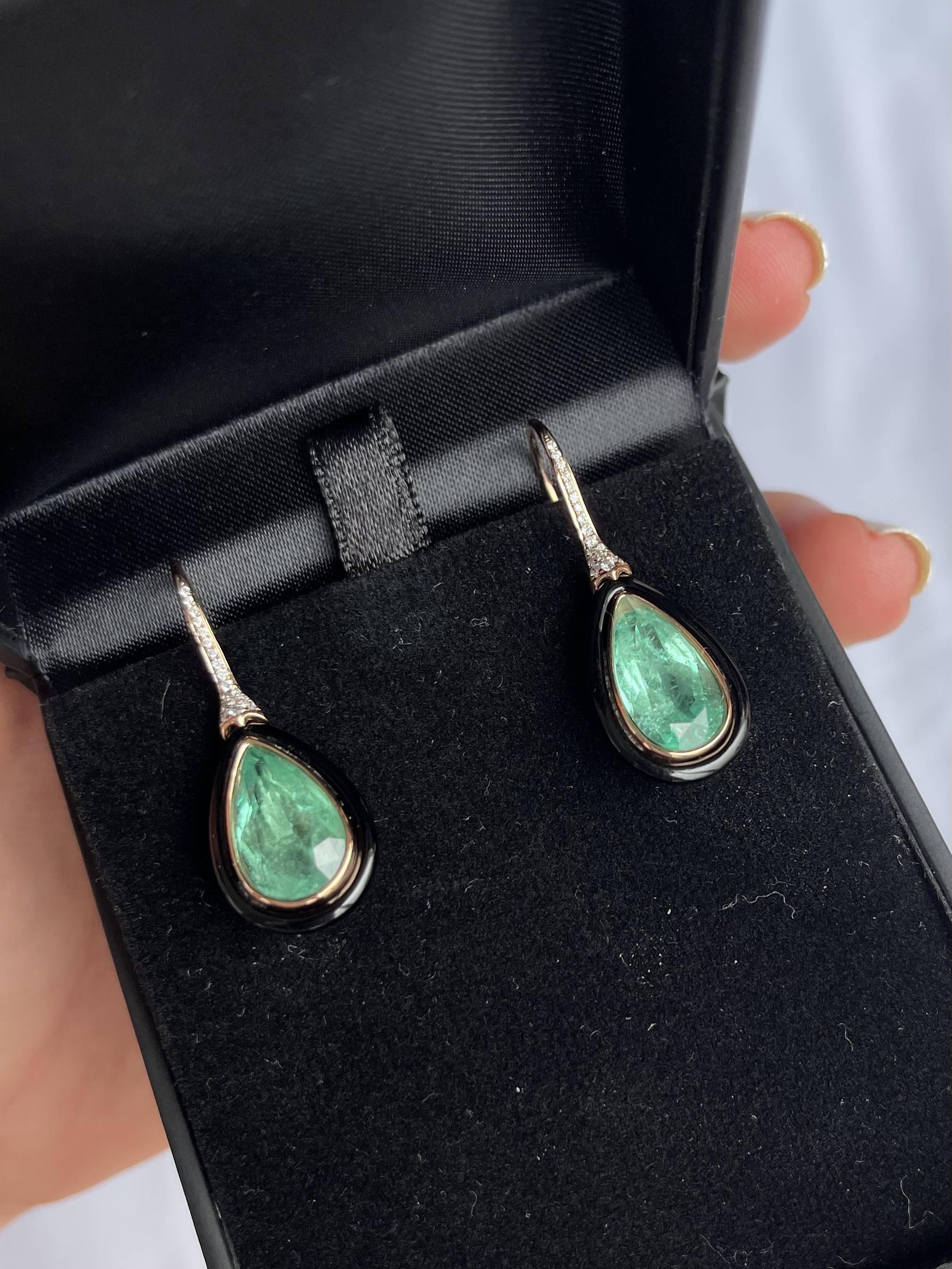 Pear Cut 18CT Rose Gold Emerald, Onyx and Diamond Earrings For Sale