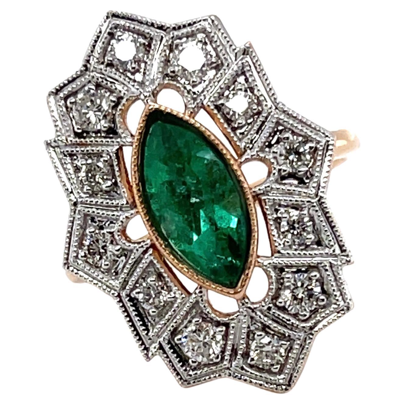 For Sale:  18ct Rose Gold Colombian Marquise Emerald and Diamond Ring