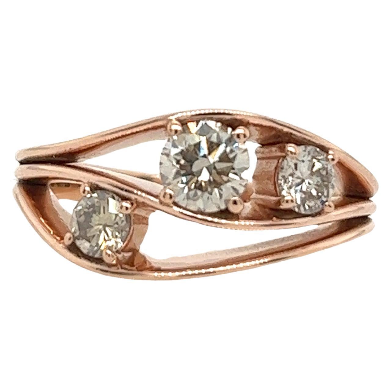 14ct Rose Gold Diamond 3-Stone Ring Set With 0.90ct of Natural Diamonds For Sale