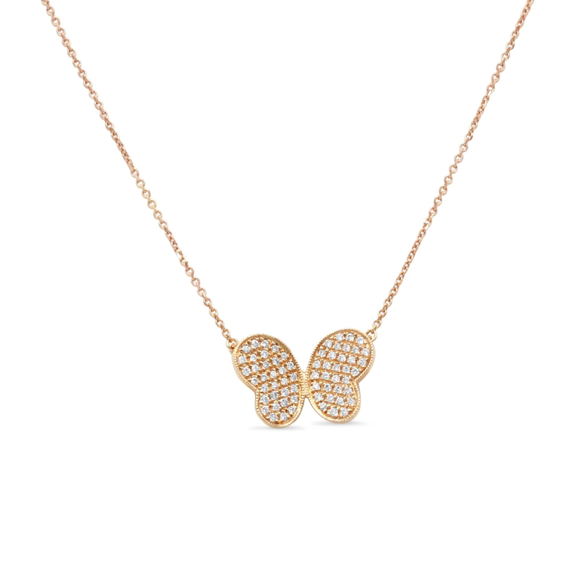 18ct Rose Gold Diamond Butterfly Pendant 17" For Sale