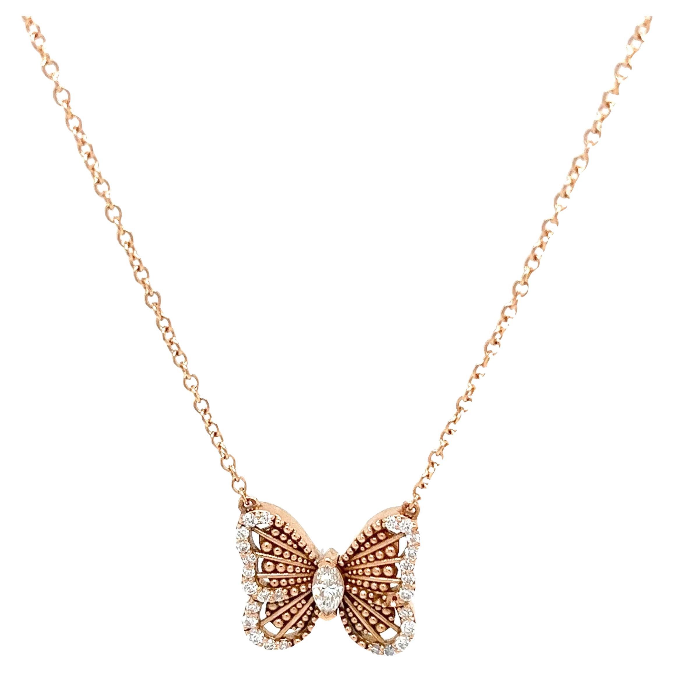 18ct Rose Gold Diamond Butterfly Pendant On 18"/16" 18ct Rose Gold Chain For Sale