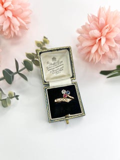 18ct Rose Gold Edwardian Clover Crossover Ruby Diamond Sapphire Seed Pearl Ring
