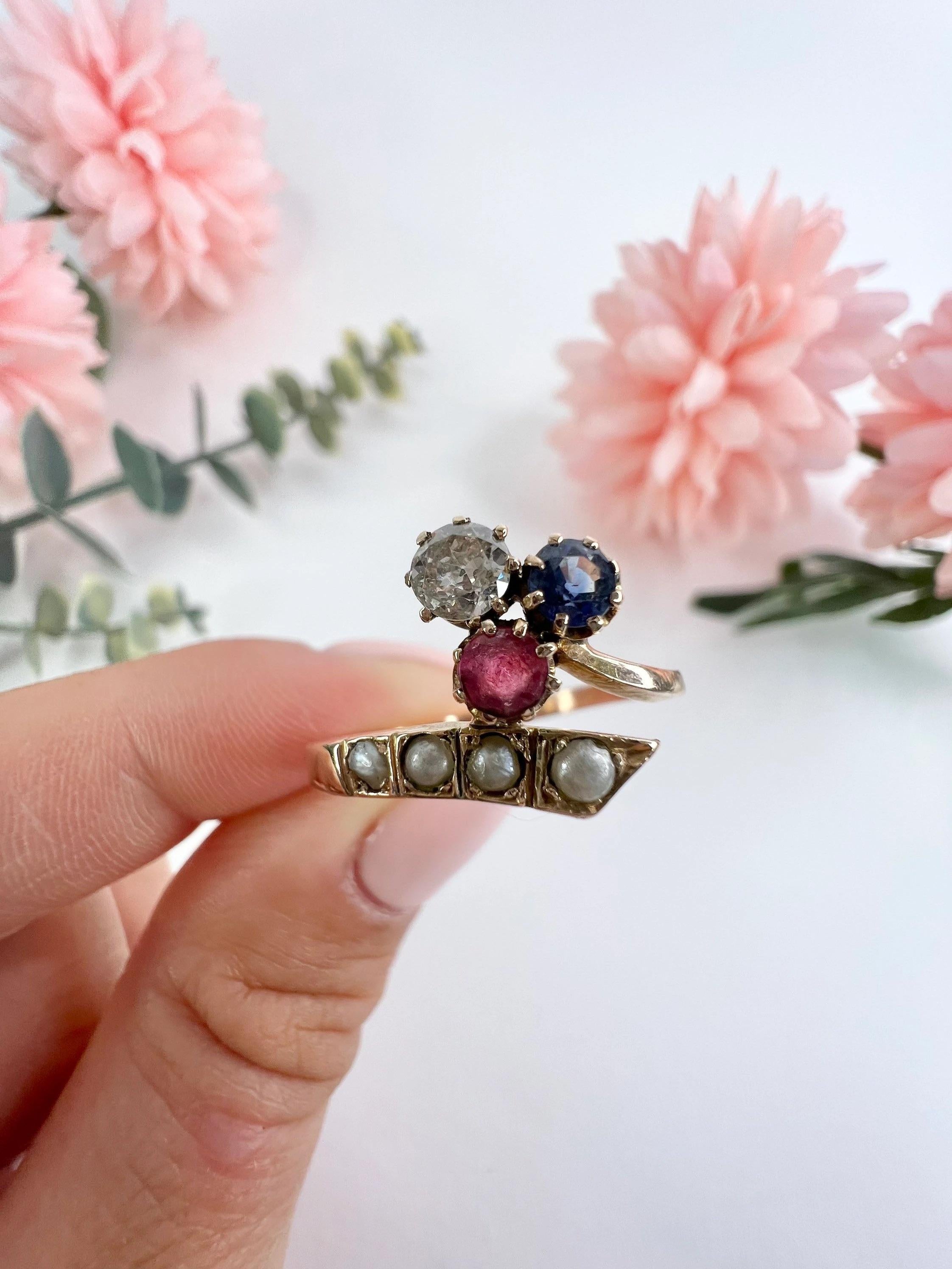 Women's or Men's 18ct Rose Gold Edwardian Clover Crossover Ruby Diamond Sapphire Seed Pearl Ring For Sale