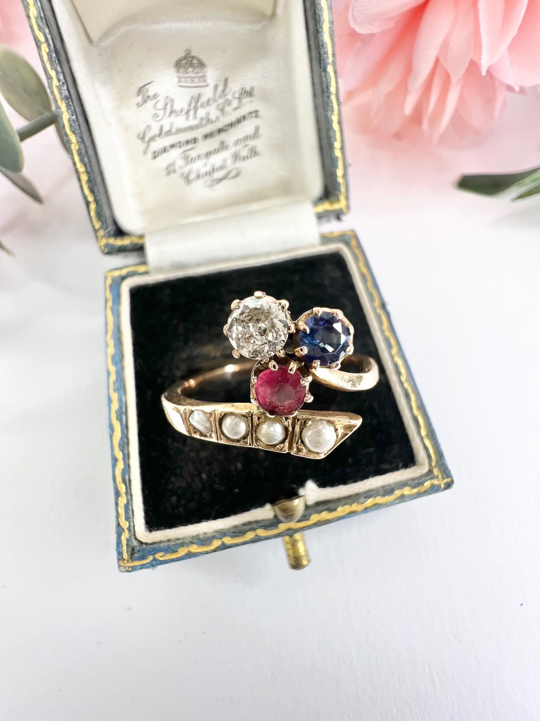 18ct Rose Gold Edwardian Clover Crossover Ruby Diamond Sapphire Seed Pearl Ring For Sale 2