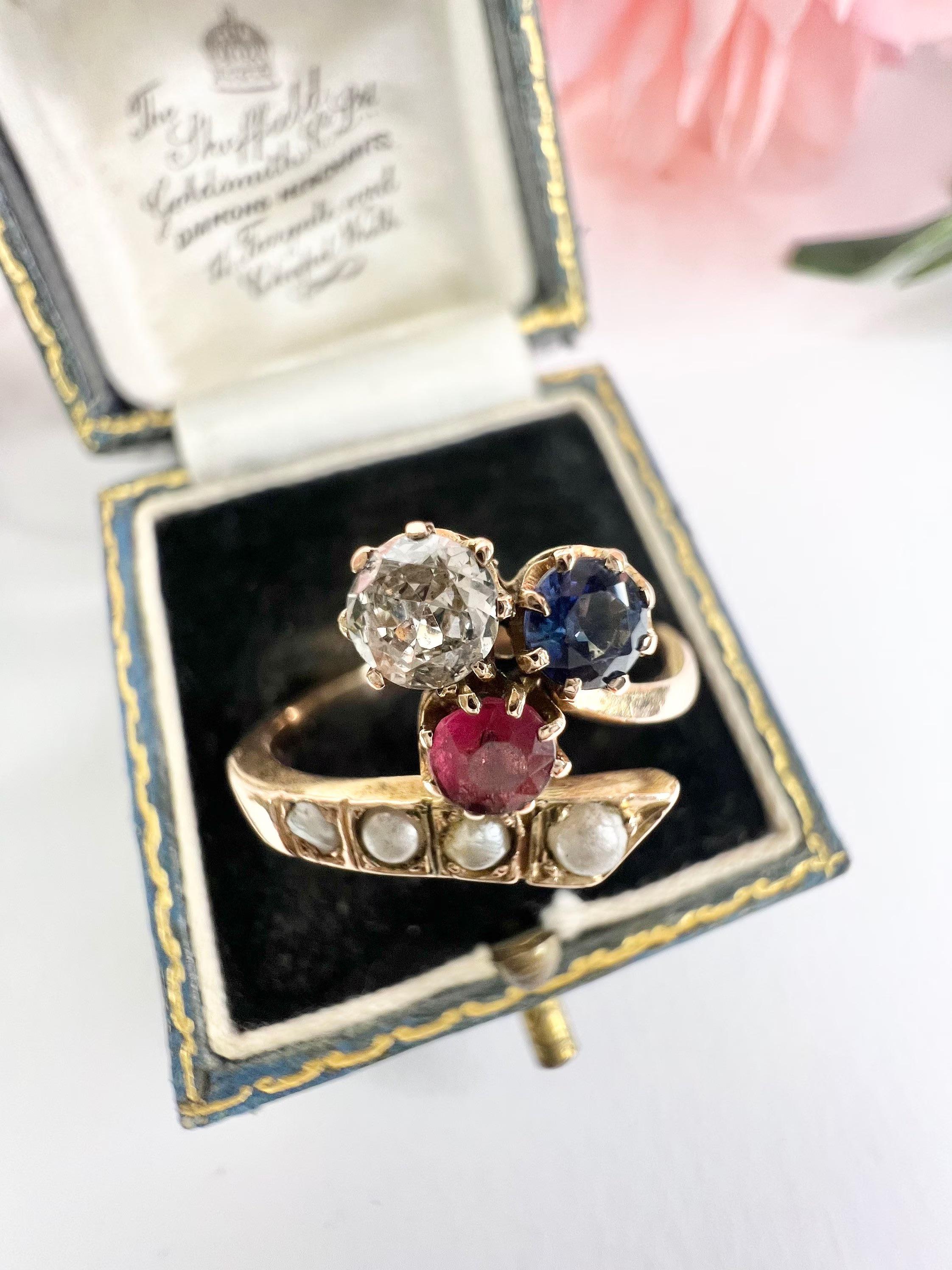 18ct Rose Gold Edwardian Clover Crossover Ruby Diamond Sapphire Seed Pearl Ring For Sale 3