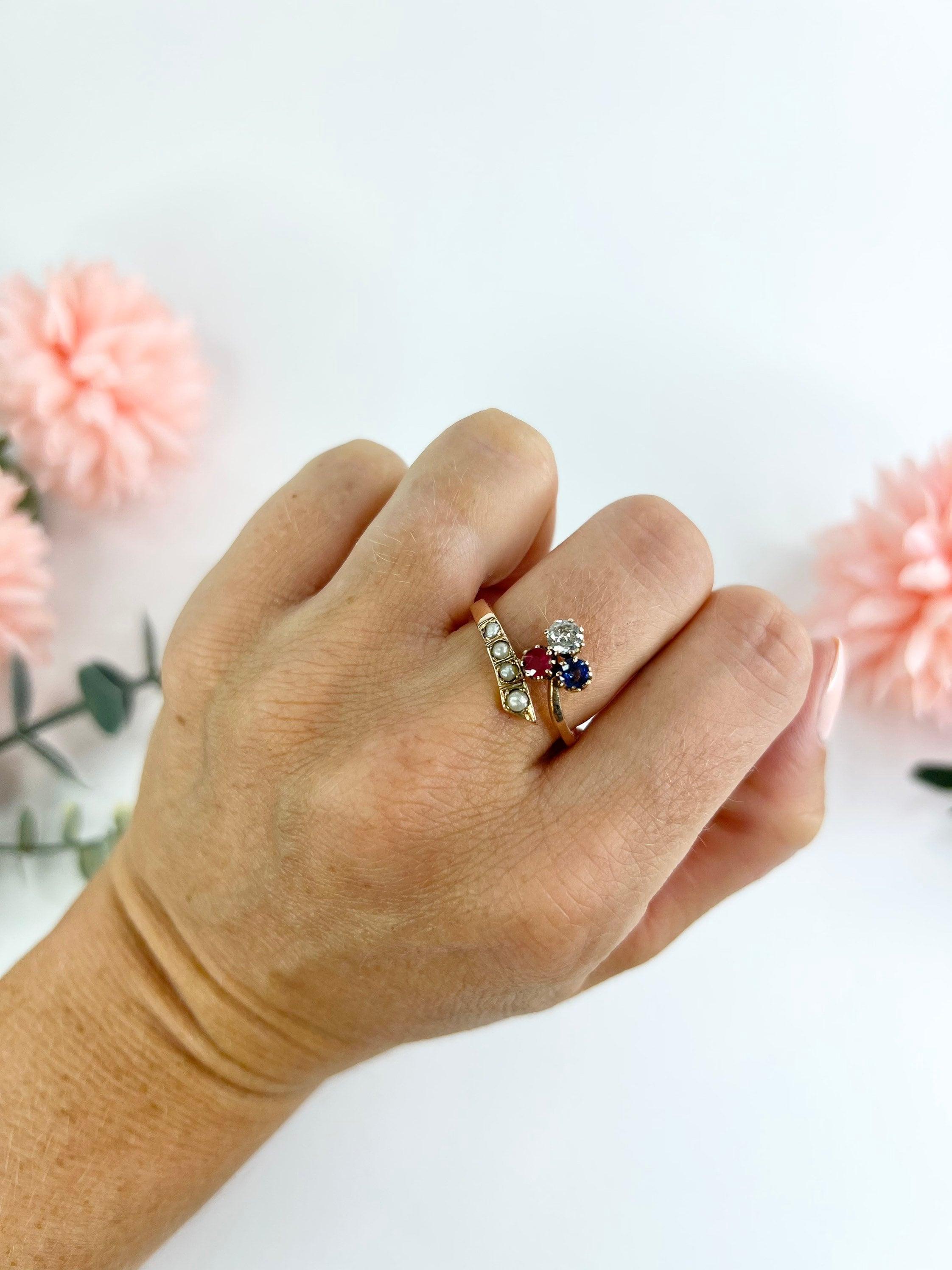 18ct Rose Gold Edwardian Clover Crossover Ruby Diamond Sapphire Seed Pearl Ring For Sale 4