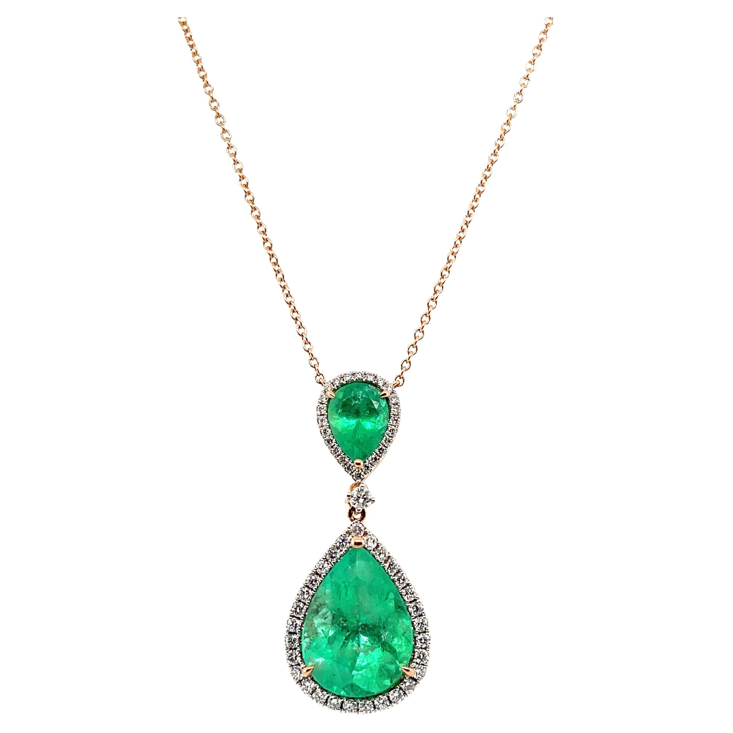 18CT Rose Gold Emerald and Diamond Pendant and Necklace For Sale