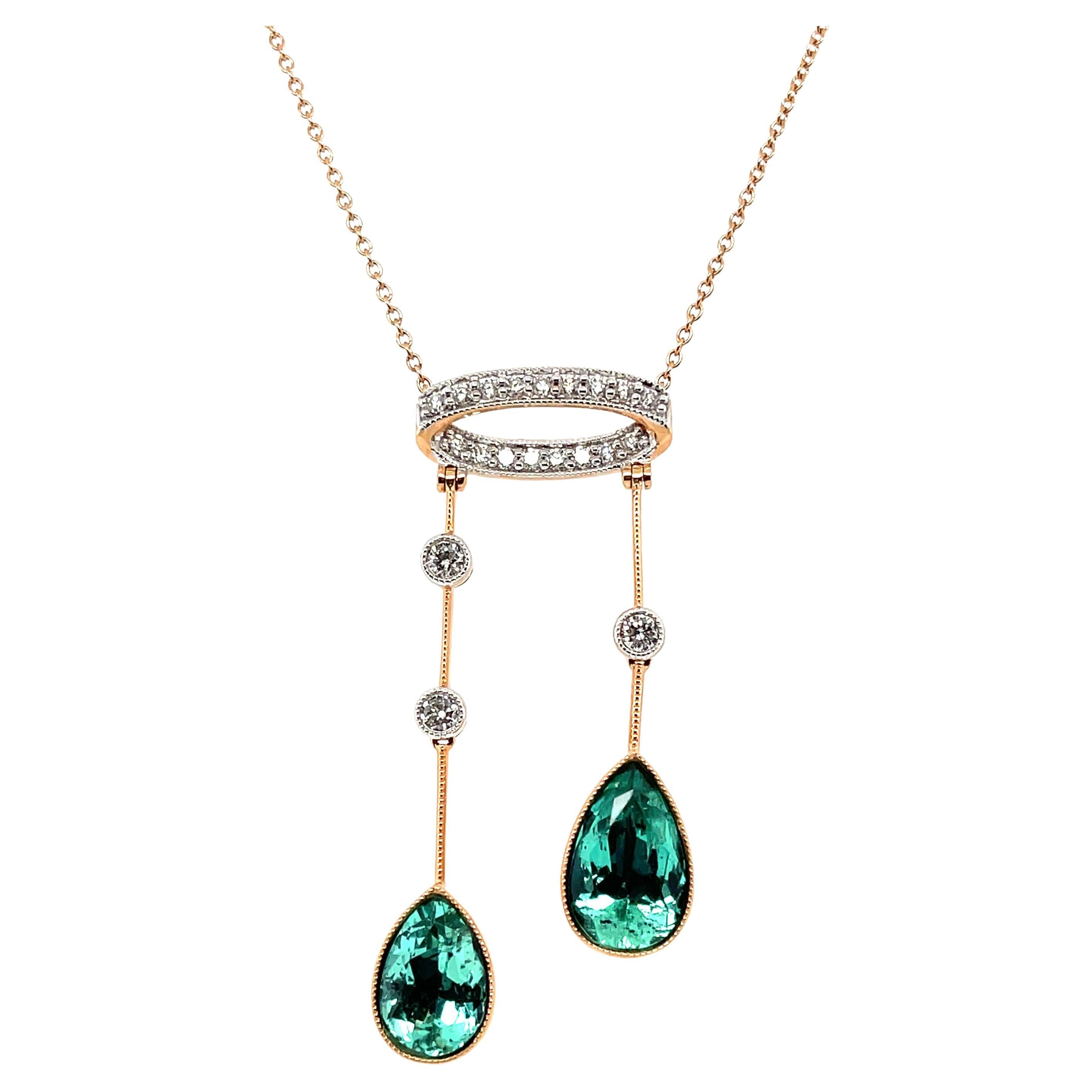 18ct Rose Gold Emerald and Diamond Pendant and Necklace For Sale