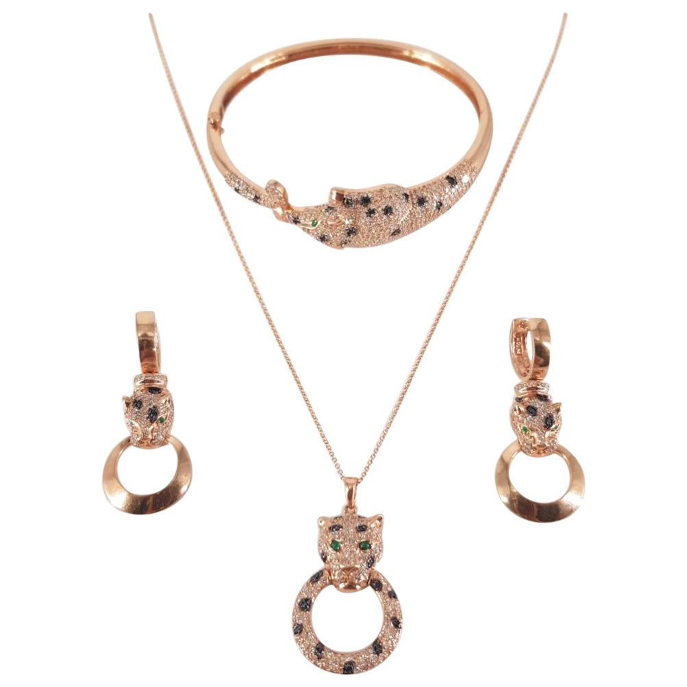 18ct Rose Gold Emerald 
Diamond Leopard, Necklaces, Bangle 
Earrings Set