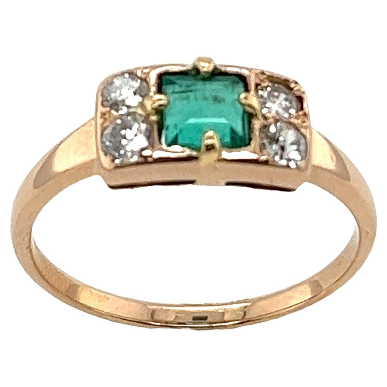 18ct Rose Gold Emerald & Diamond Ring Set With 4 Round Diamonds 0.30ct