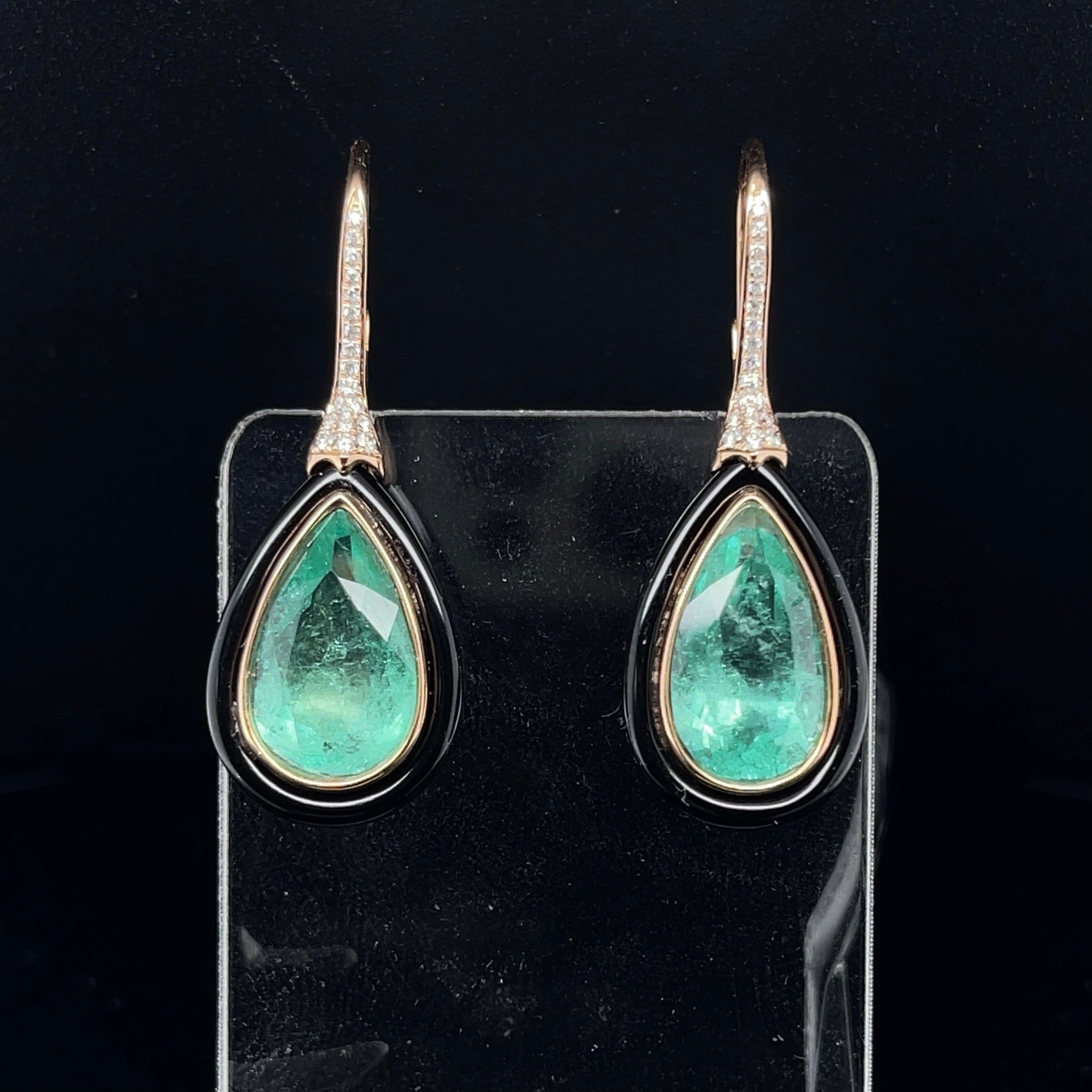 Contemporary 18CT Rose Gold Emerald, Onyx and Diamond Earrings For Sale