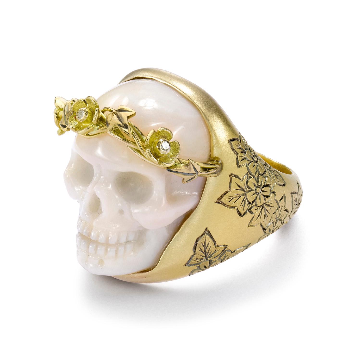 18ct Rose Gold, Engraved 
Carved Coral Skull 
Diamond Blossom Ring
