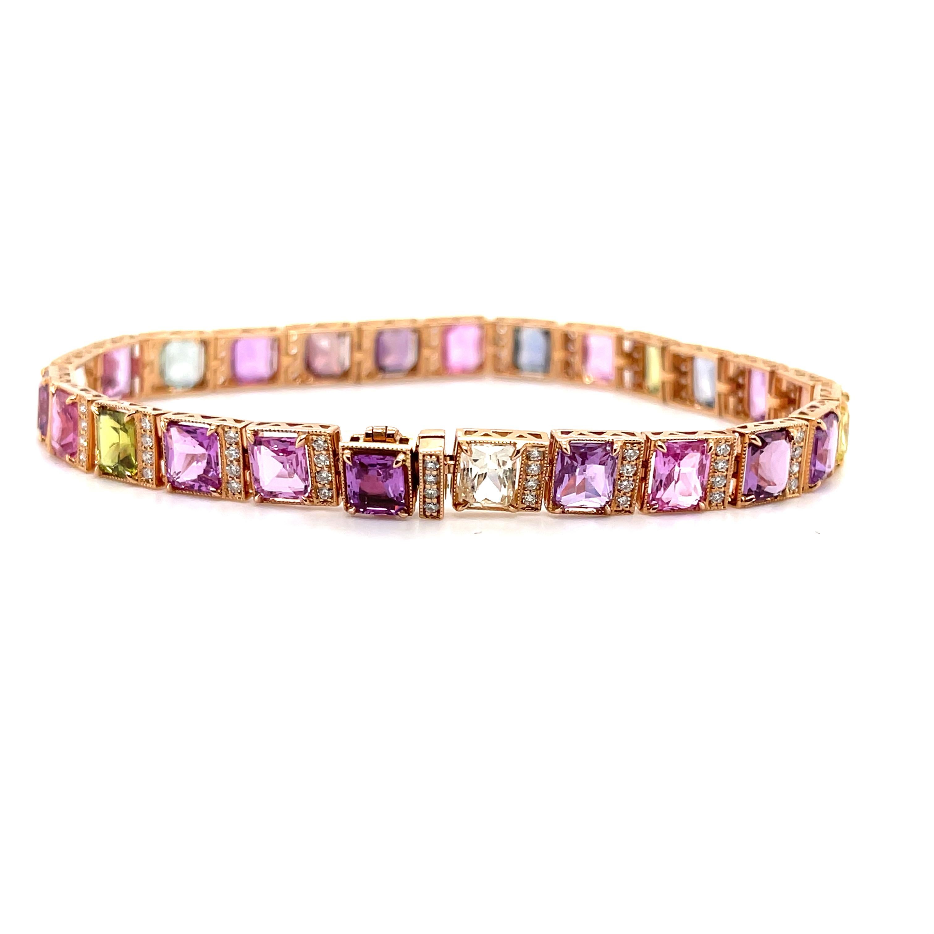 A phenomenal assorted fancy, radiant cut, (no heat)(based on my opinion)  sapphire and round brilliant cut diamond 18ct rose gold bracelet. 

Total Sapphire Weight: 20.19ct

Sapphire Grade/Colour: (Purple, blue, yellow, pink, green, orange) Tones-