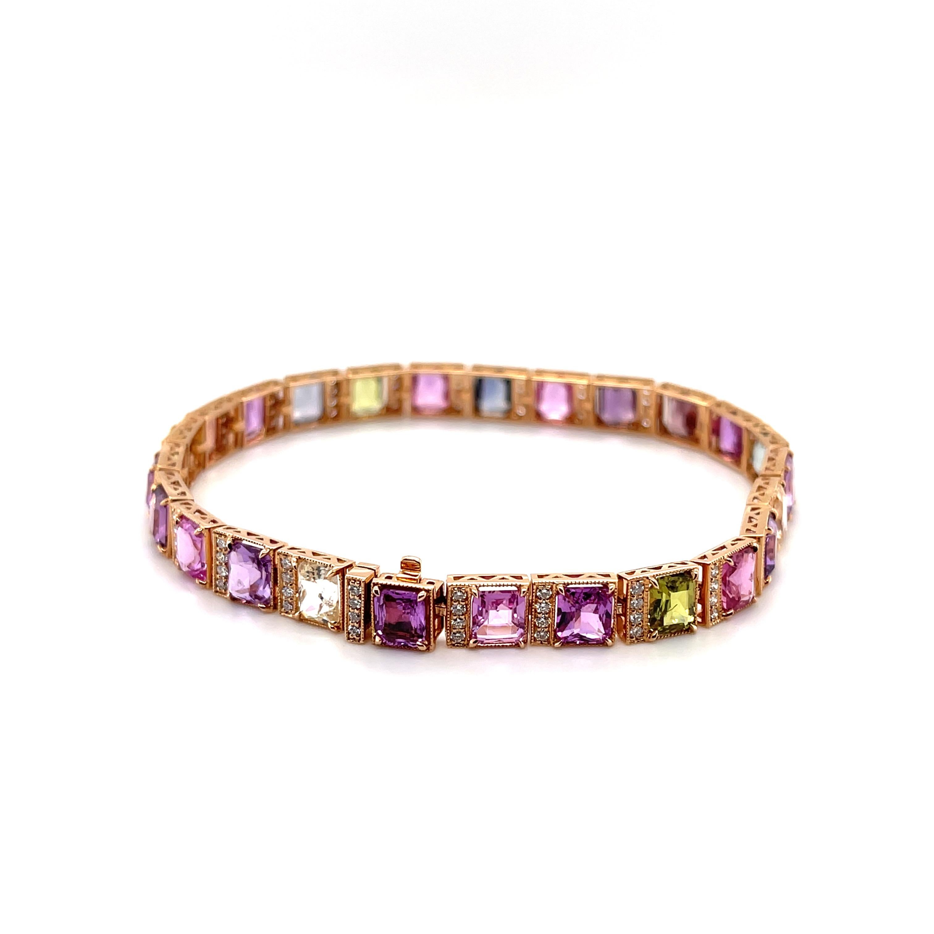 18CT Rose Gold Fancy Sapphire and Diamond Bracelet For Sale 3