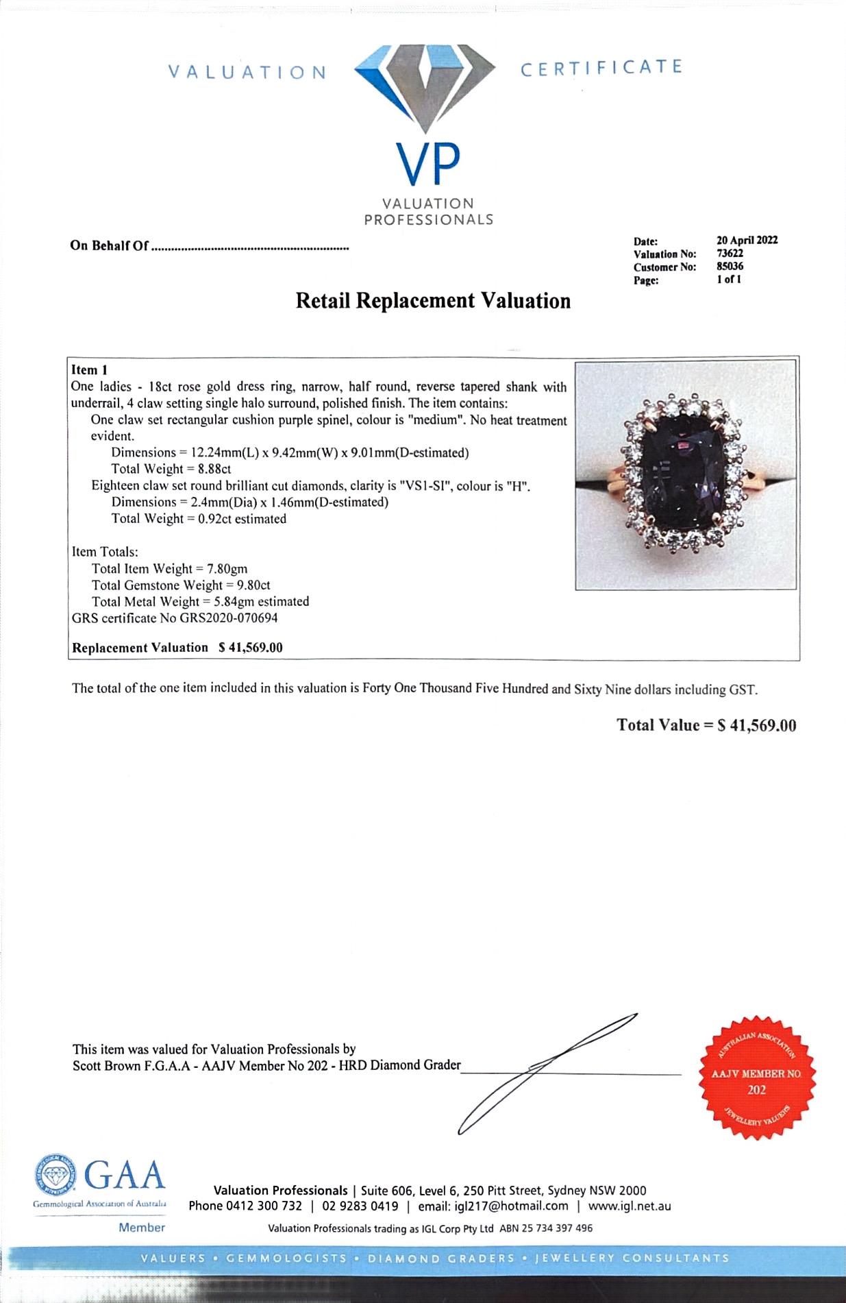18ct Rose Gold GRS Certified Spinel and Diamond Ring In New Condition For Sale In Sydney, NSW
