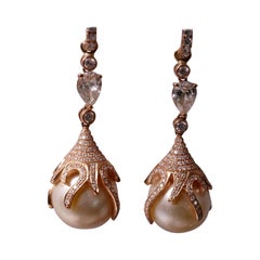 18ct Rose Gold High Lustre South Sea Pearl Drop Earrings with F Grade Diamonds