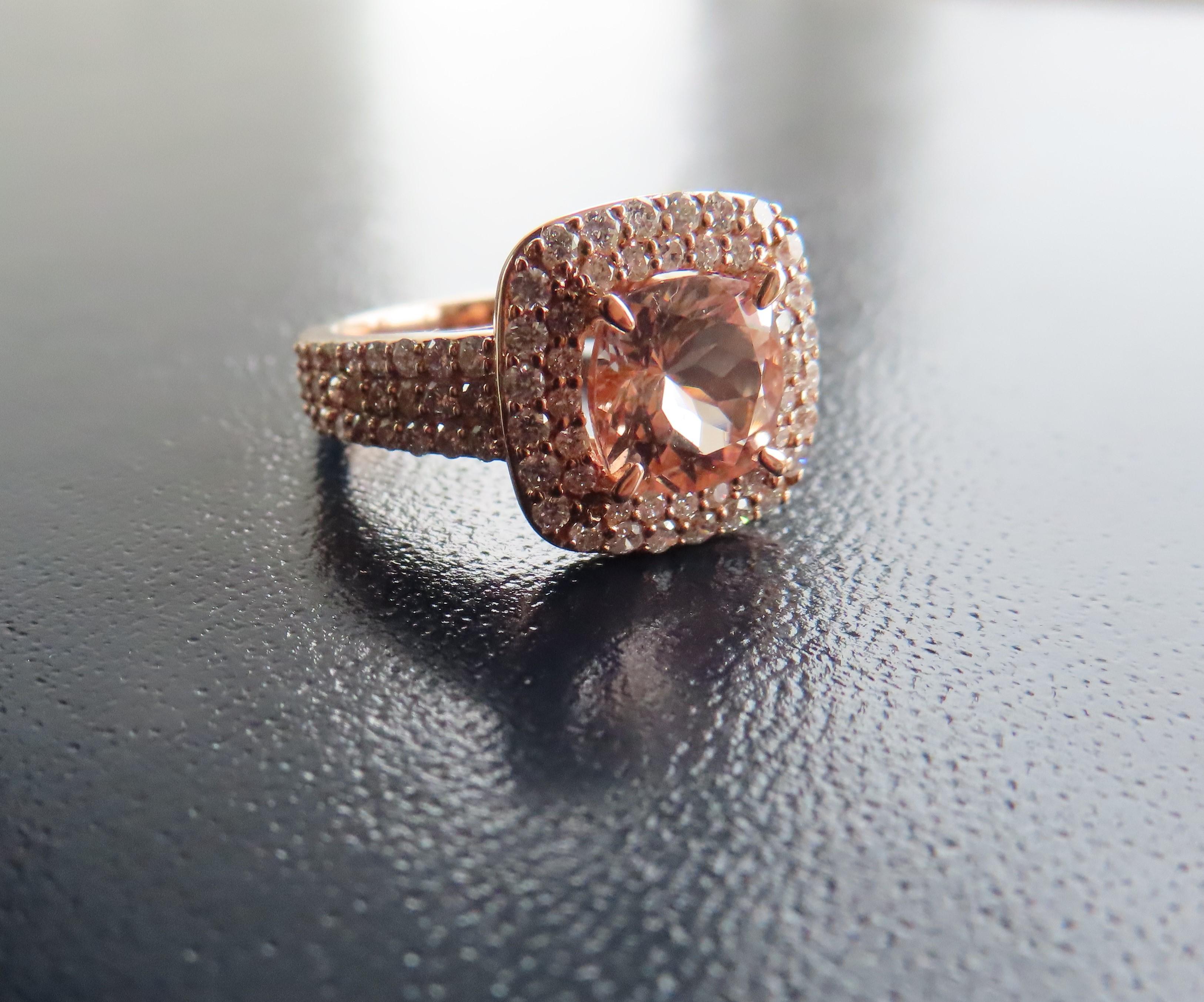 Brilliant Cut 18ct Rose Gold Morganite Diamond Ring For Sale