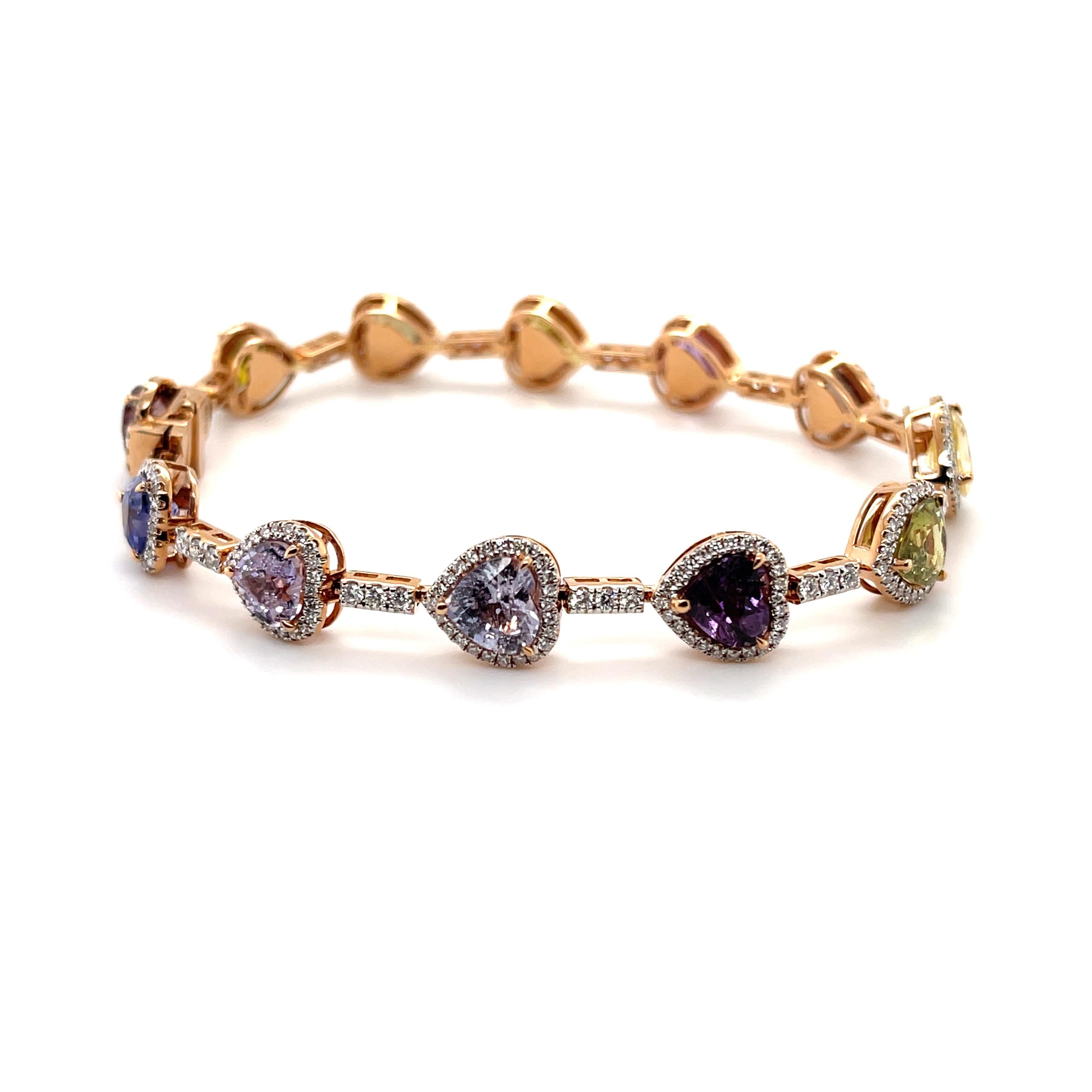 Women's 18ct Rose Gold Multi Coloured Sapphire and Diamond Bracelet For Sale