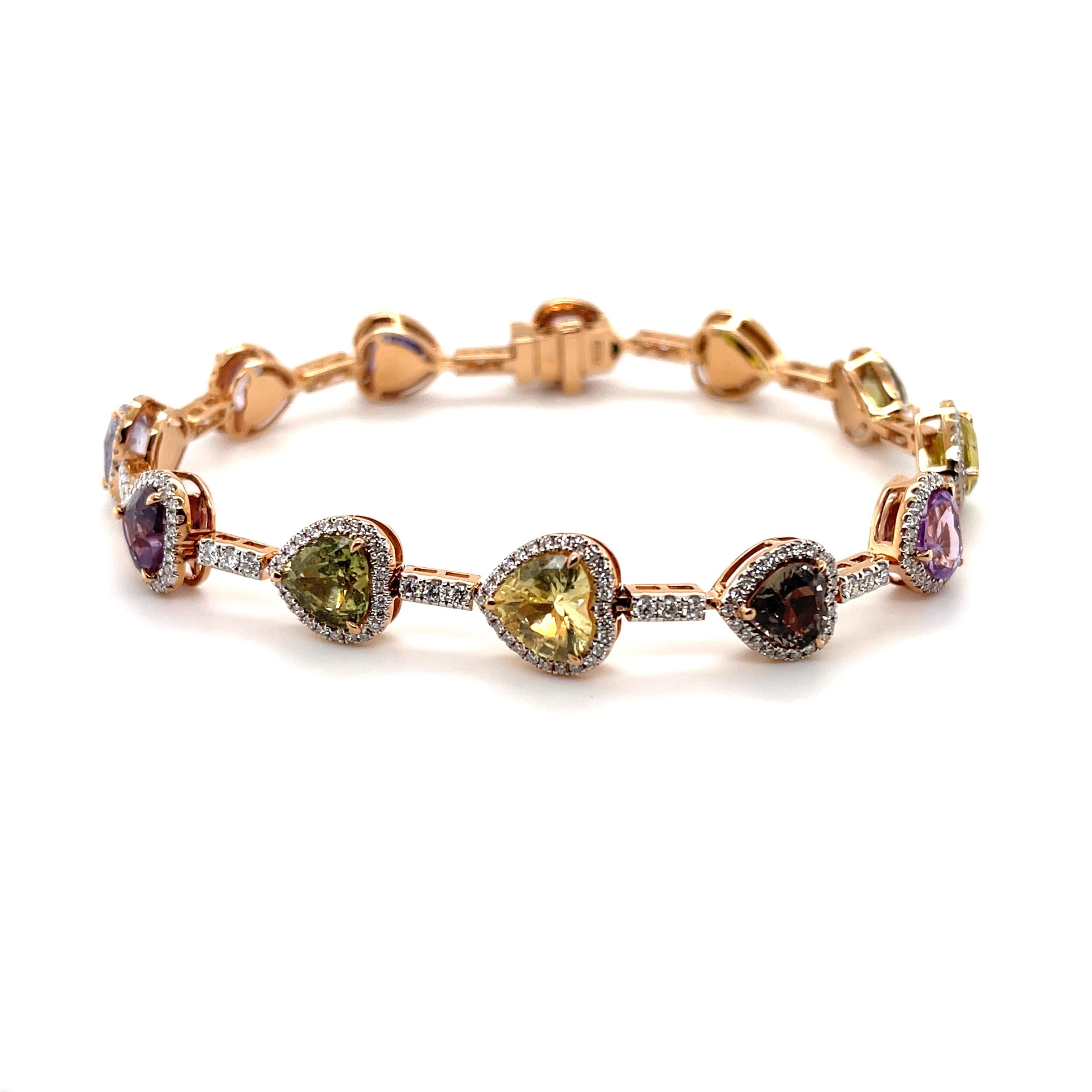 18ct Rose Gold Multi Coloured Sapphire and Diamond Bracelet In New Condition For Sale In Sydney, NSW
