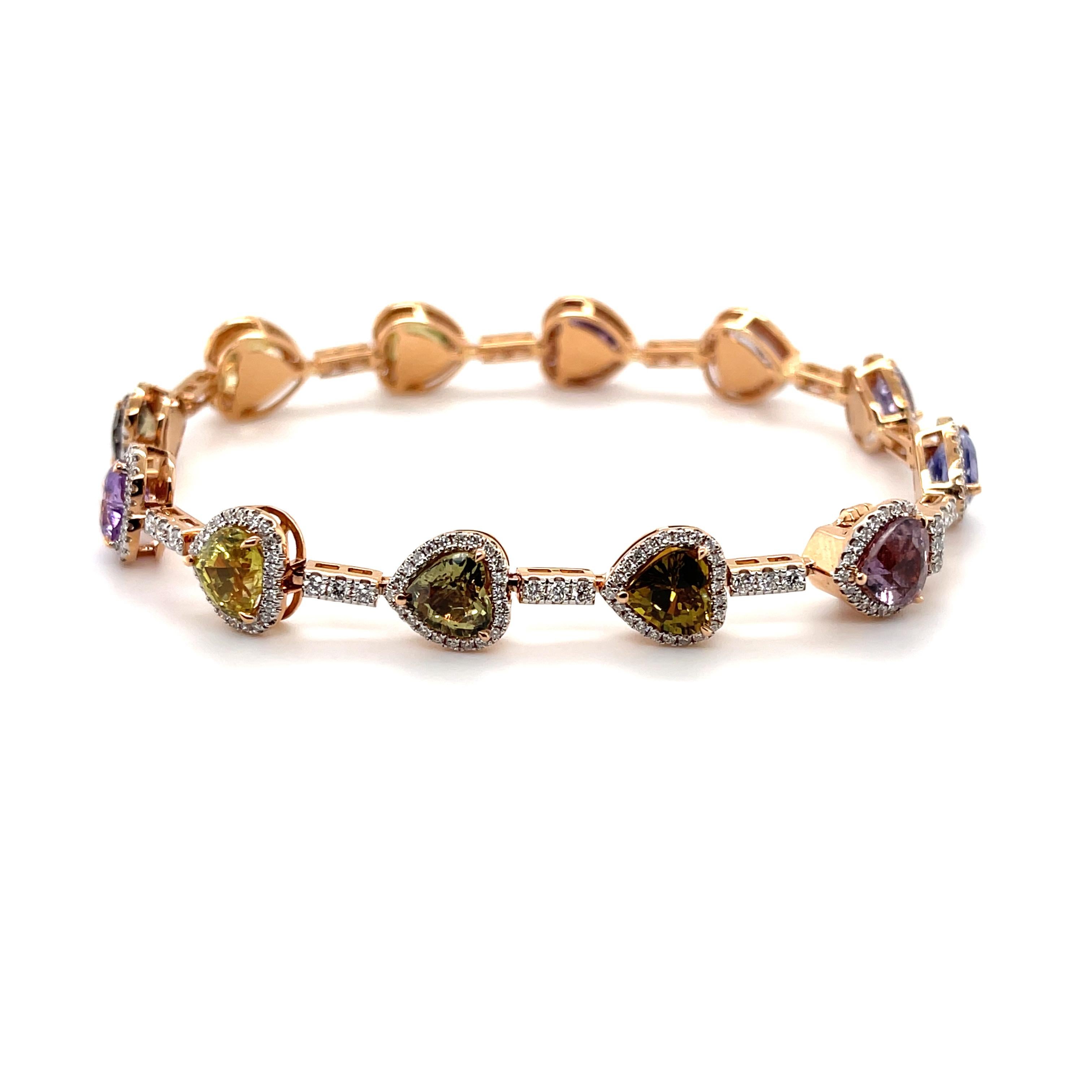 Heart Cut 18ct Rose Gold Multi Coloured Sapphire and Diamond Bracelet For Sale
