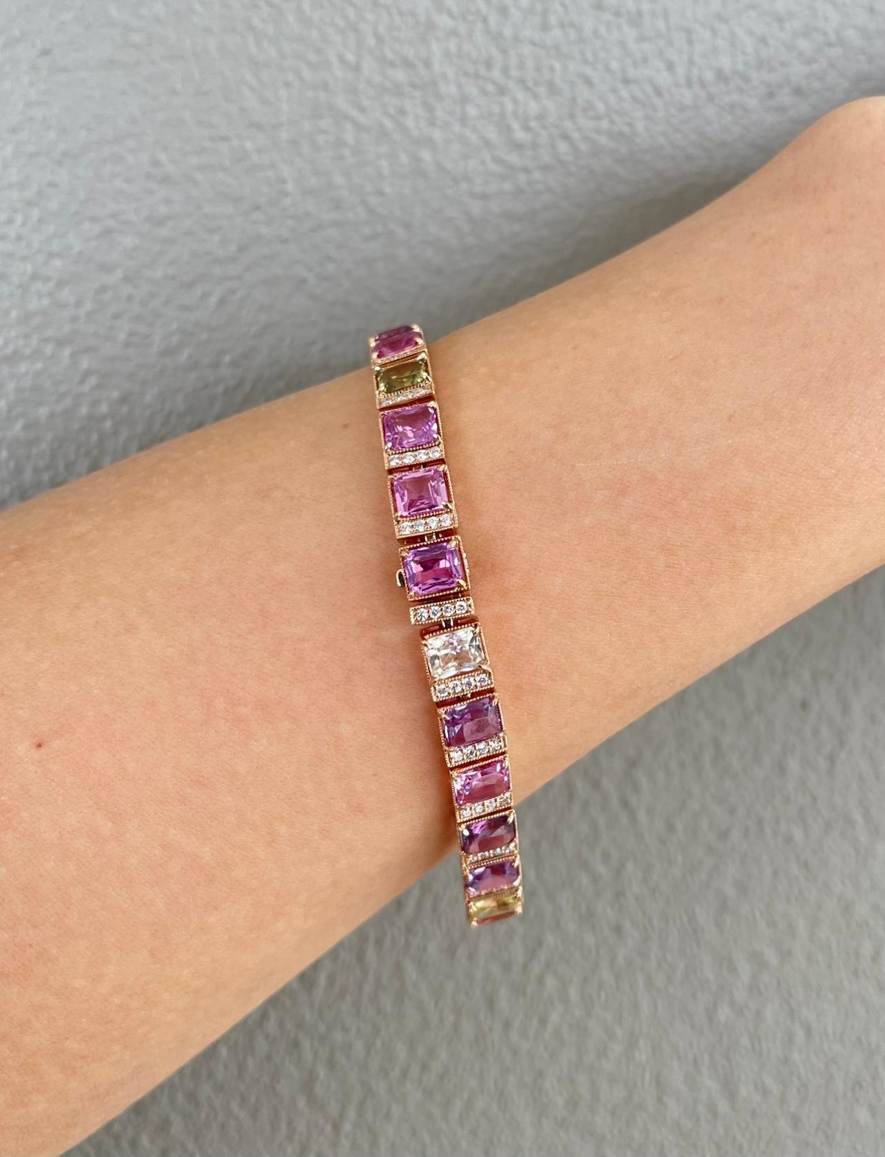 18CT Rose Gold Fancy Sapphire and Diamond Bracelet In New Condition For Sale In Sydney, NSW