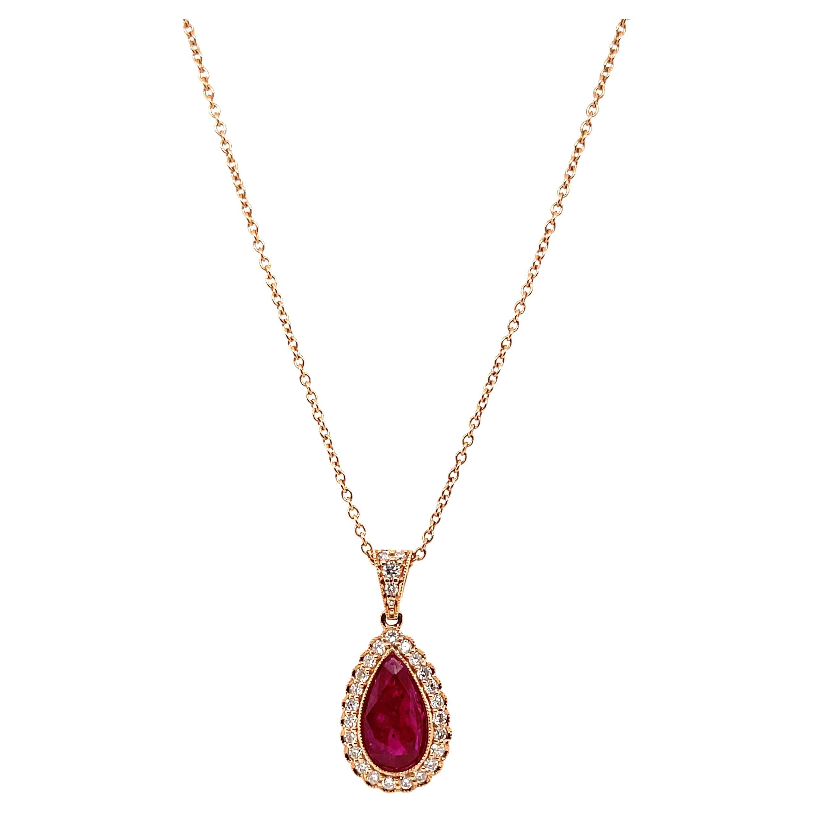 18ct Rose Gold 'No Heat' Ruby and Diamond Necklace and Pendant For Sale