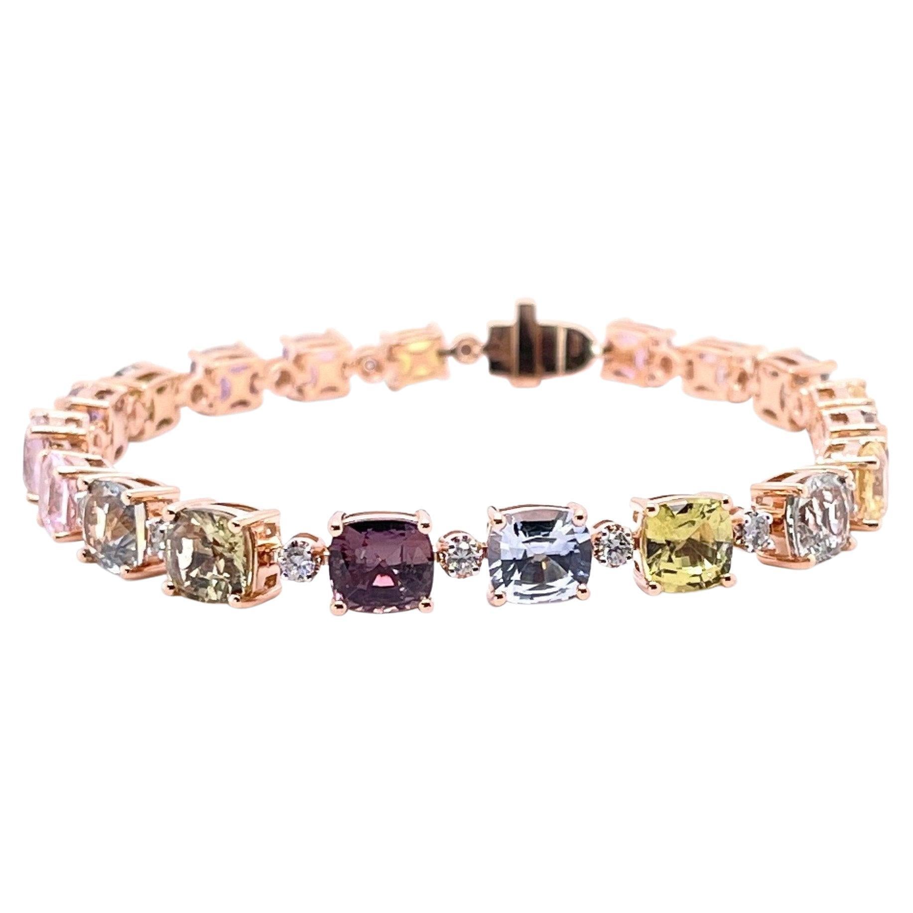 Cushion cut NO HEAT (based on my opinion) sapphires, crafted in eighteen karat rose gold, featuring a stunning selection twenty claw set round brilliant cut diamonds. complimented with a beautiful polished finish design. 

The bracelet measures 18cm