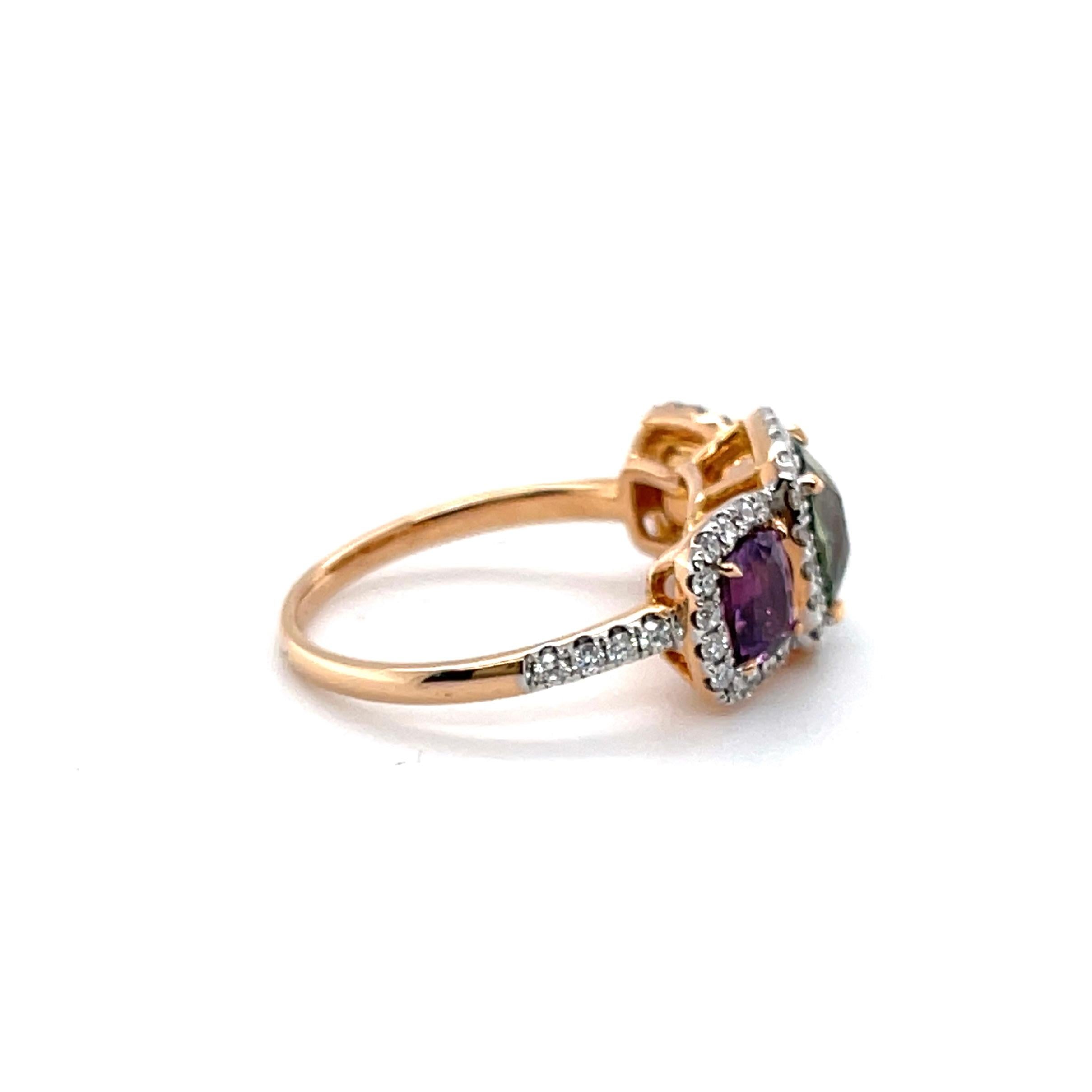 For Sale:  18ct Rose Gold 'No Heat' Trilogy Coloured Sapphire Ring 2