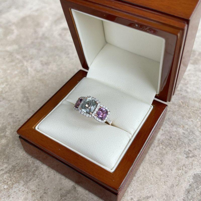 For Sale:  18ct Rose Gold 'No Heat' Trilogy Coloured Sapphire Ring 8