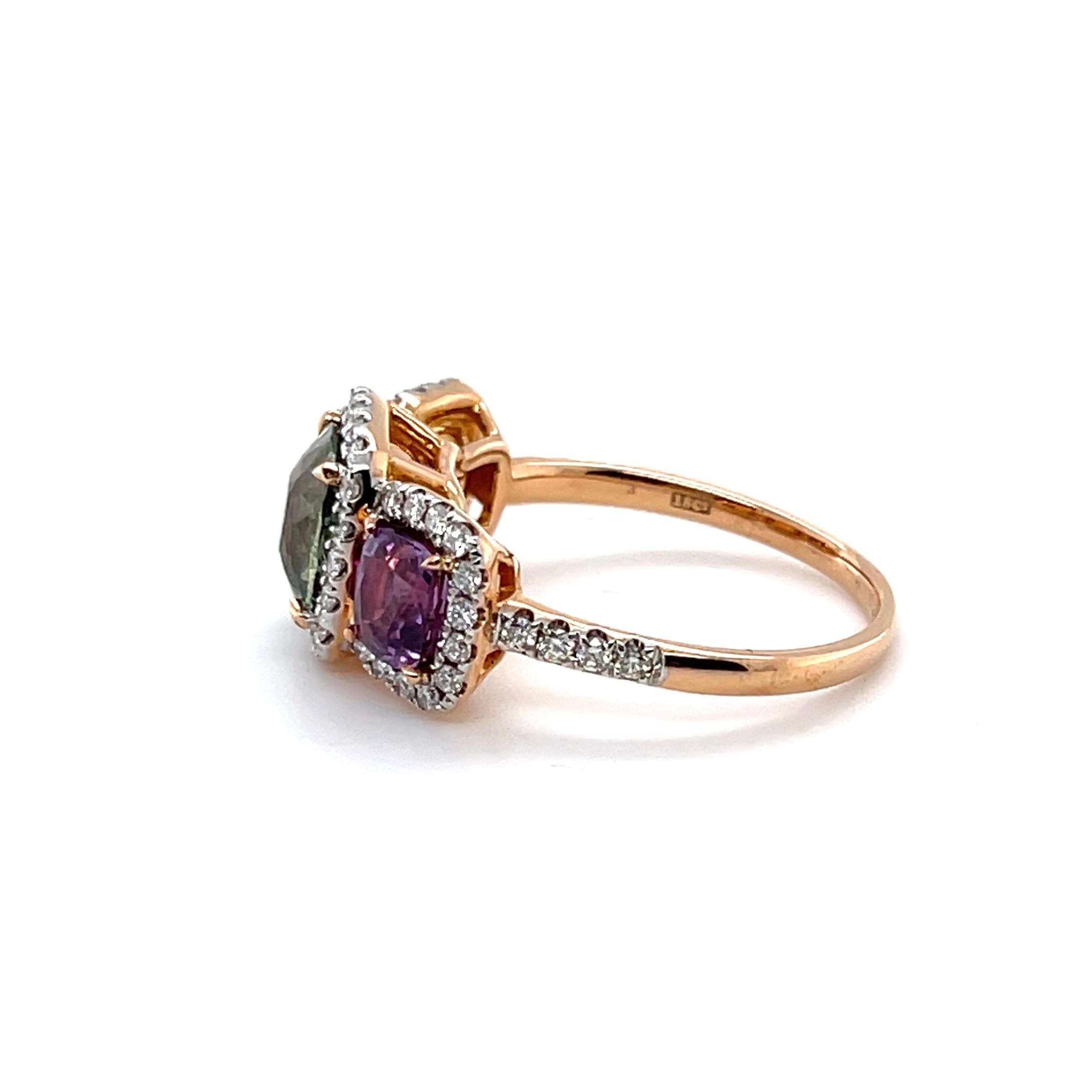 For Sale:  18ct Rose Gold 'No Heat' Trilogy Coloured Sapphire Ring 3