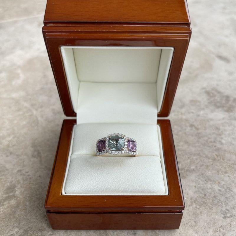 For Sale:  18ct Rose Gold 'No Heat' Trilogy Coloured Sapphire Ring 10