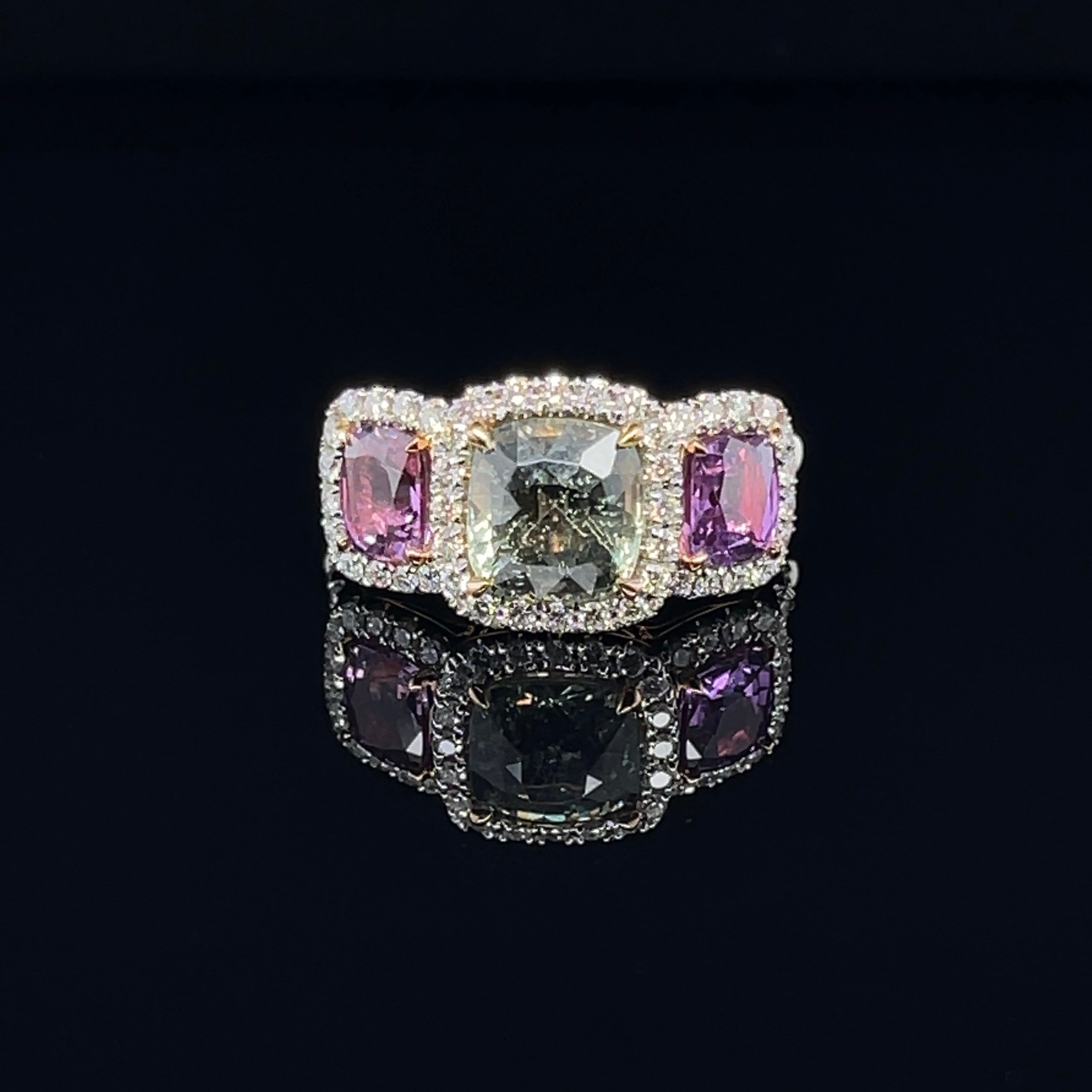 For Sale:  18ct Rose Gold 'No Heat' Trilogy Coloured Sapphire Ring 6