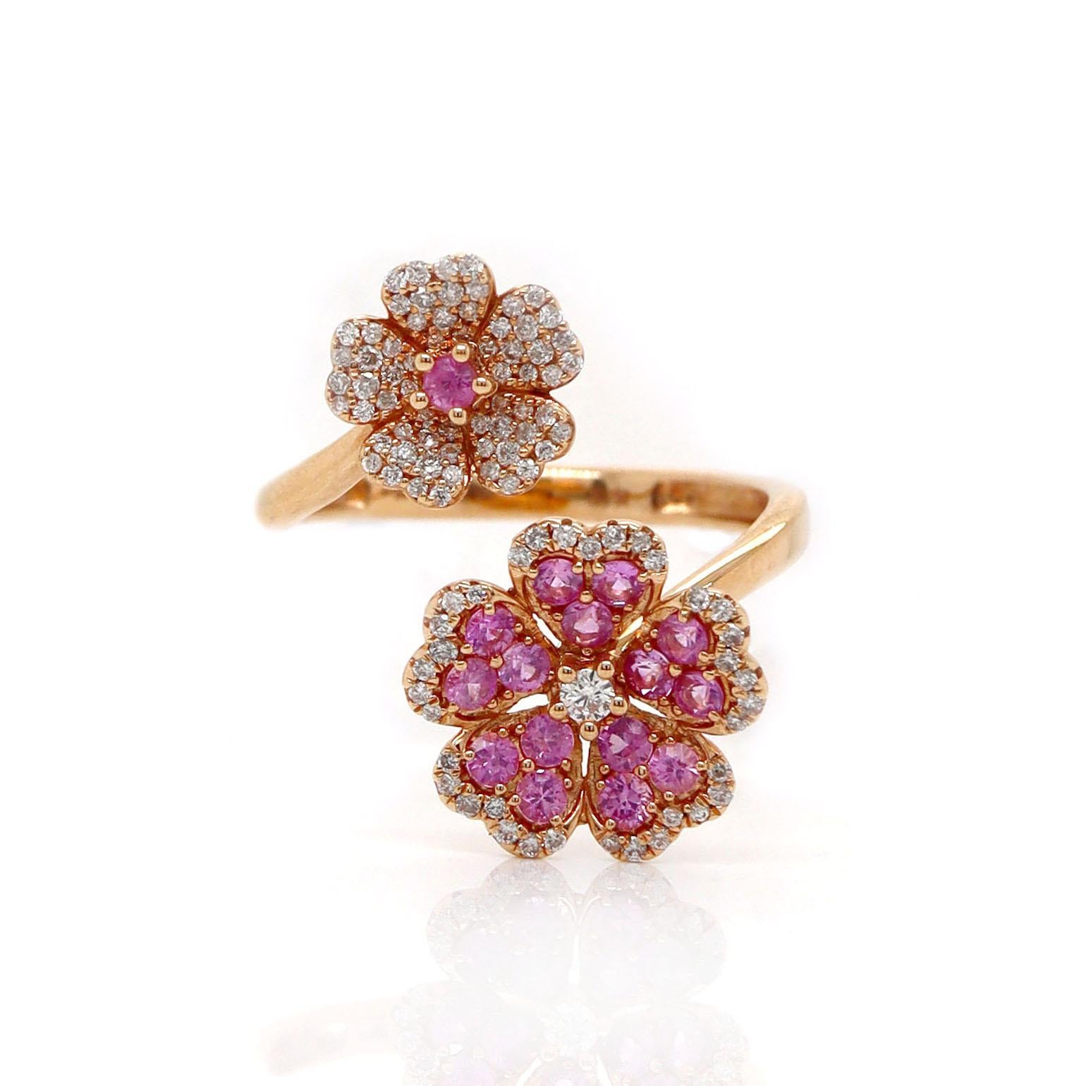 Taglio rotondo Anello Fiore in oro rosa 18ct con zaffiro rosa e diamante in vendita