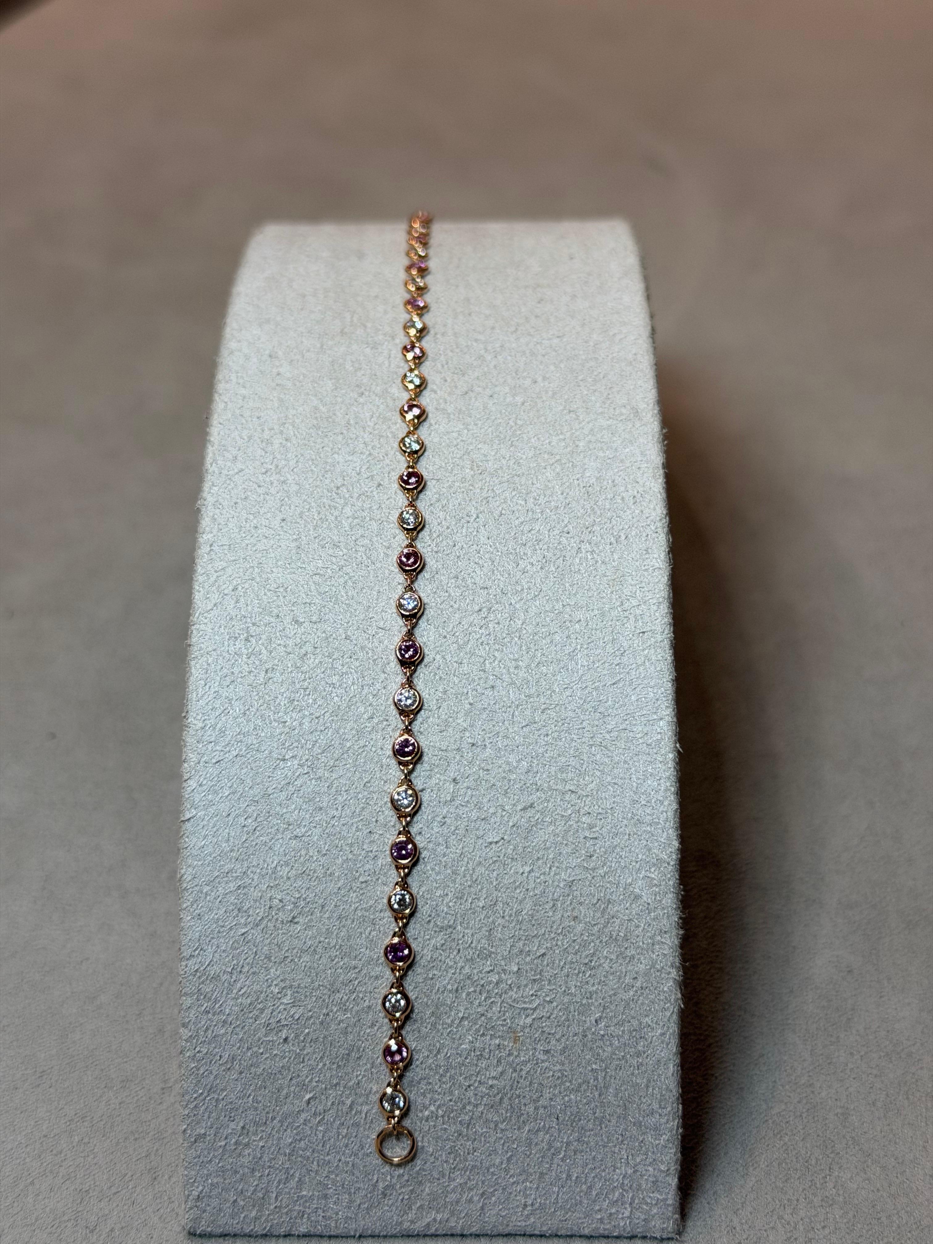 Pulsera de Oro Rosa 18ct Zafiro Rosa y Diamante Blanco Natural Corte redondo en venta