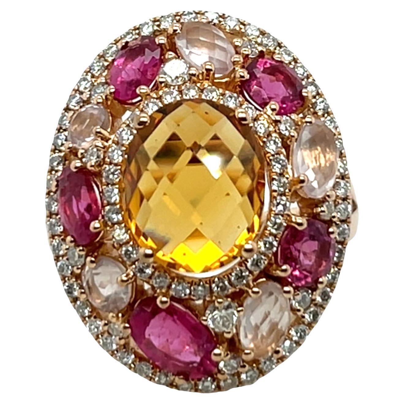 Anello in oro rosa 18ct con Citrino, Zaffiro rosa, Quarzo rosa e Diamond