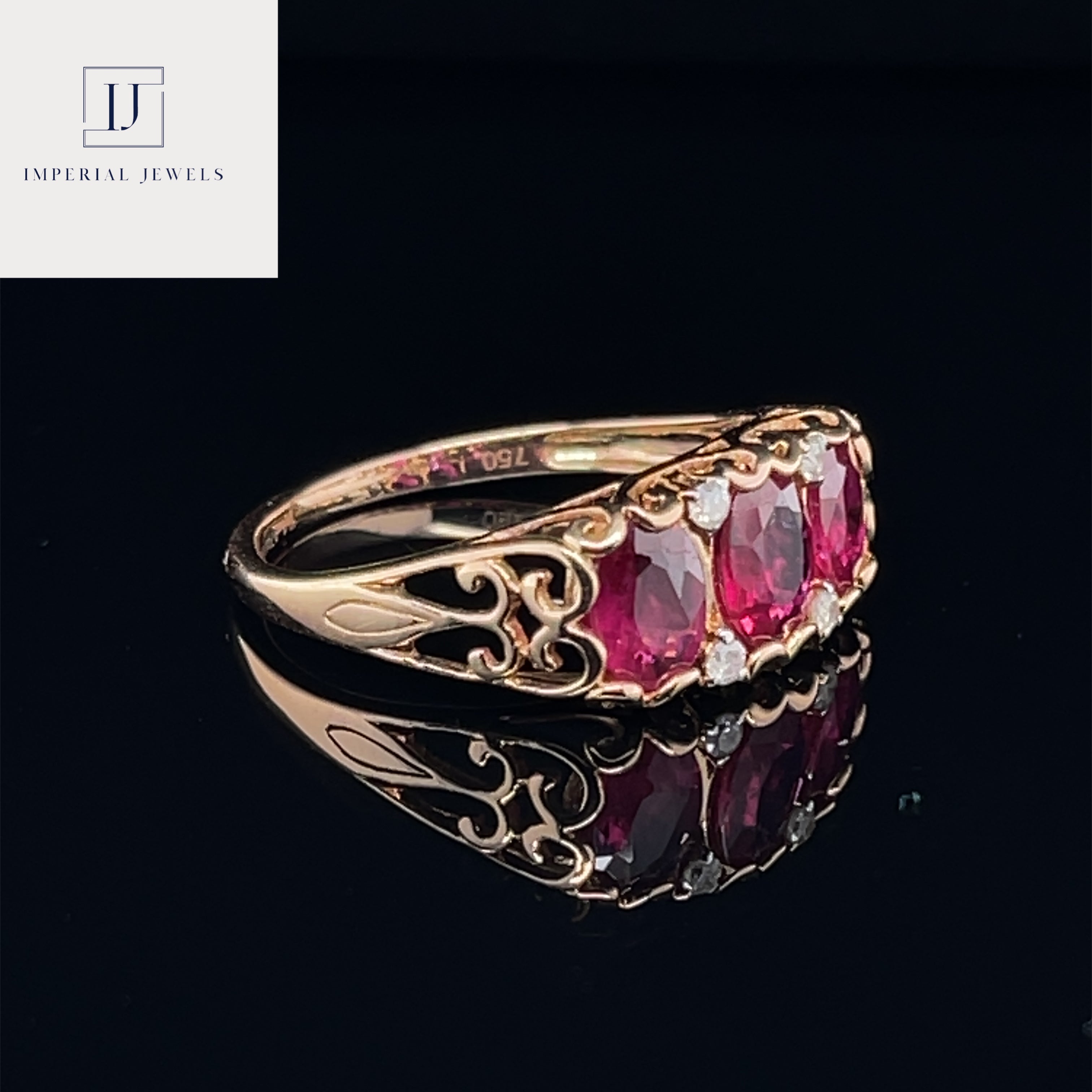 For Sale:  18ct Rose Gold Ruby and Diamond Trilogy Ring 7
