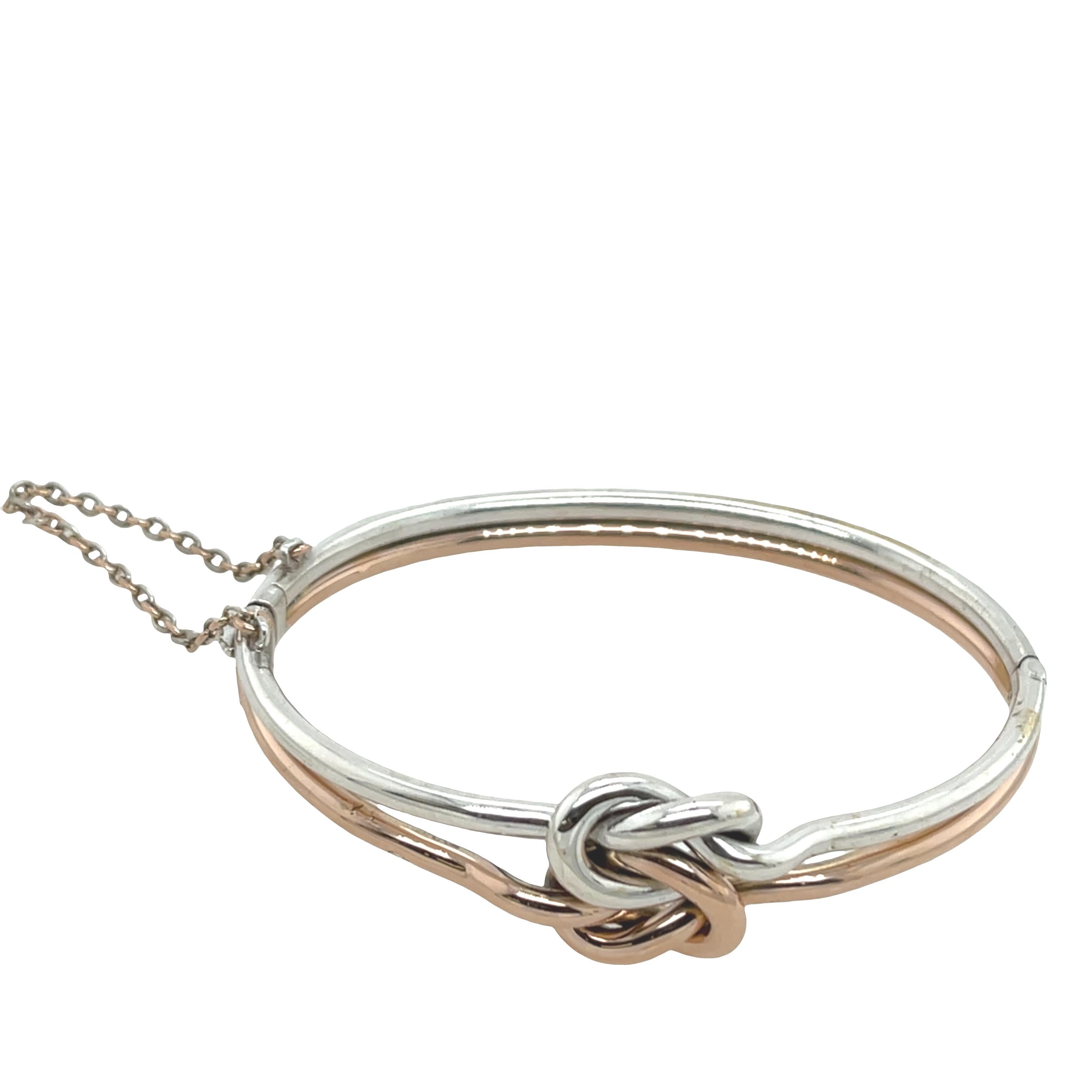 18ct Rose Gold 
Silver Knot Design Bangle Bracelet For Sale