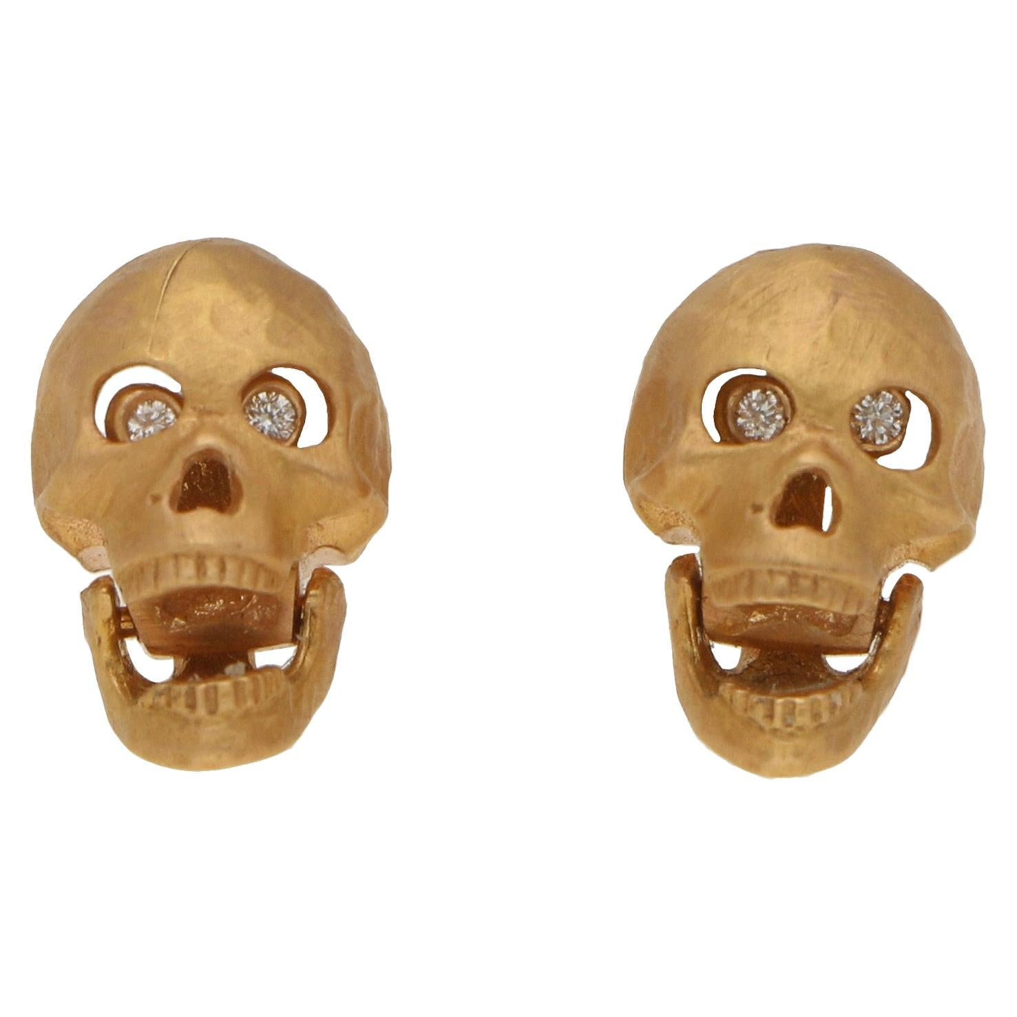 18 Carat Rose Gold Skull Stud Earrings with Diamond Set Eyes