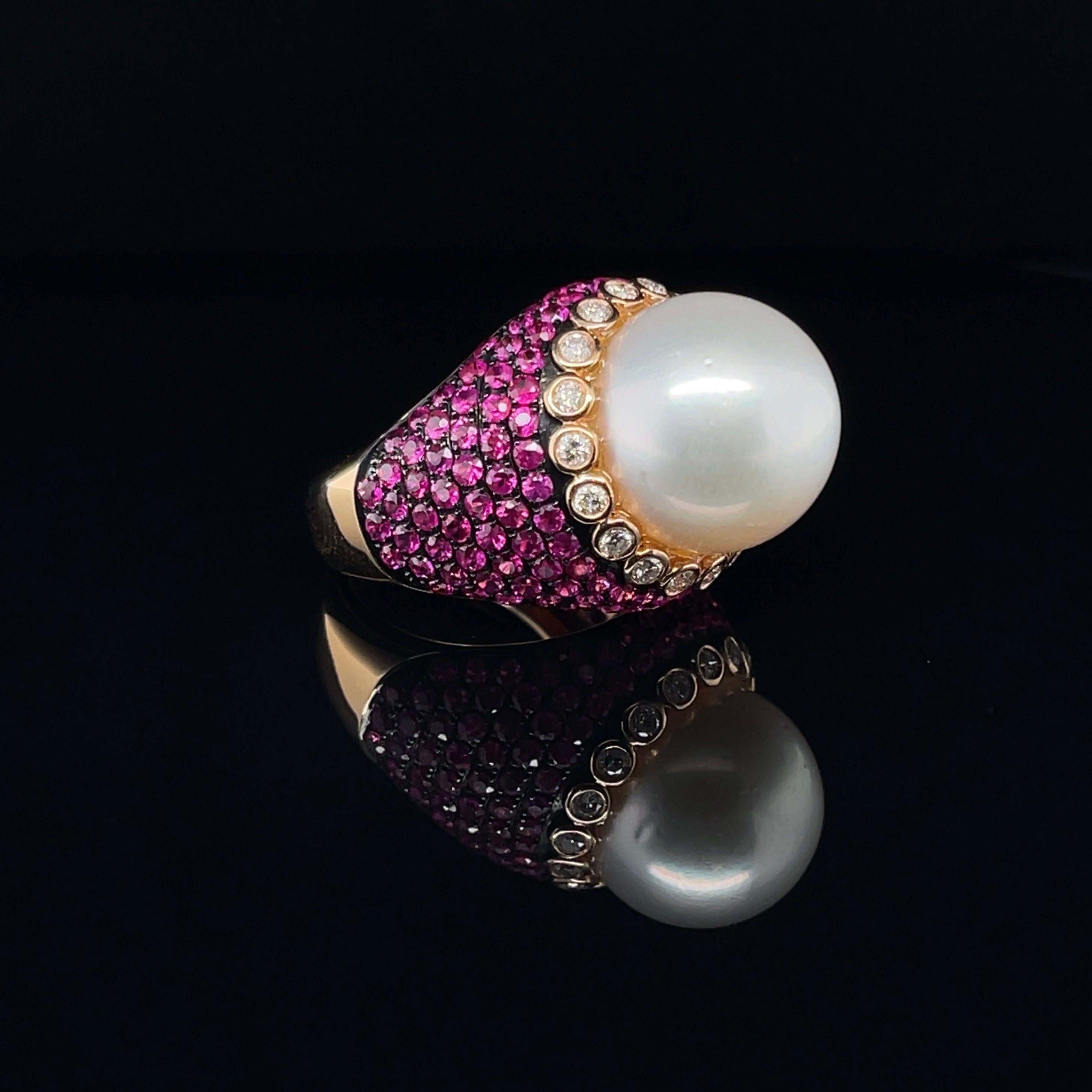 For Sale:  18ct Rose Gold South Sea Pearl and Ruby Ring 6